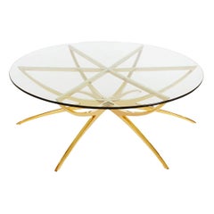 Retro Solid Brass Midcentury Italian Modern Round Glass Top Spider Cocktail Table