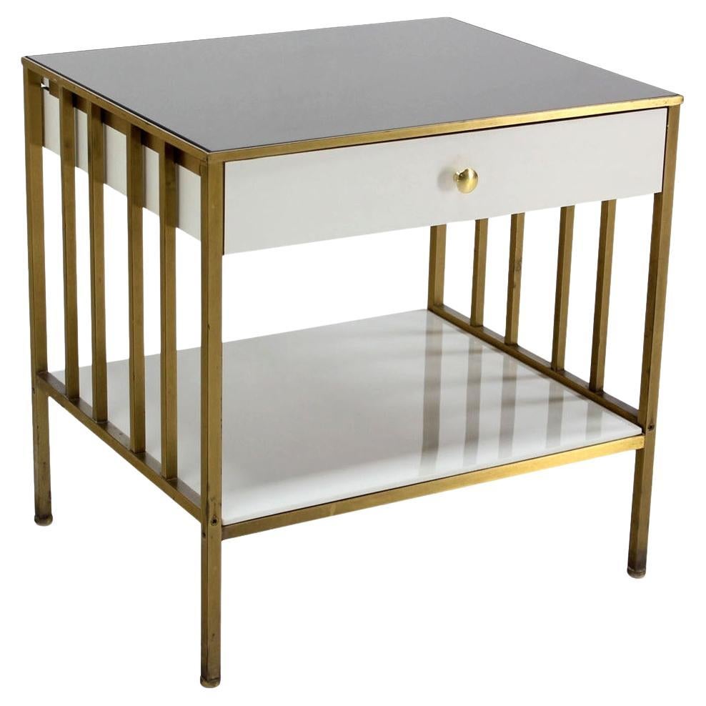 Solid Brass Mid Century Modern End Side Table One Drawer Stand Smoked Glass Top For Sale