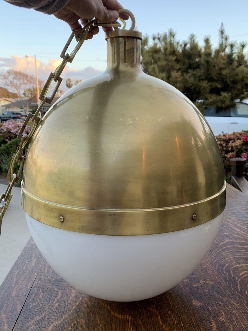 Mid-Century Modern Solid Brass & Milk Glass Pendant Chandelier