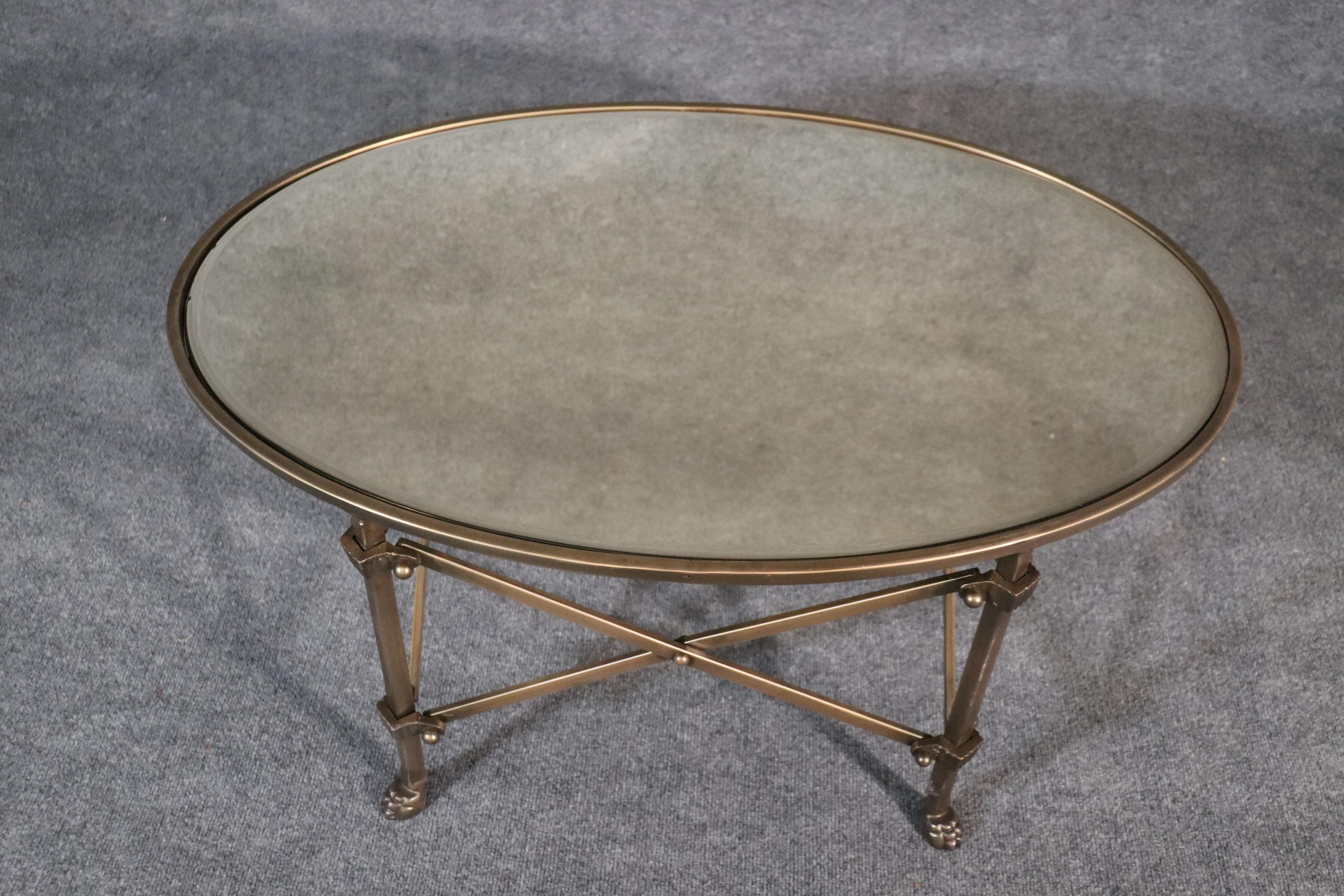 Solid Brass Mirrored Oval French Directoire Style Coffee Cocktail Table In Good Condition In Swedesboro, NJ