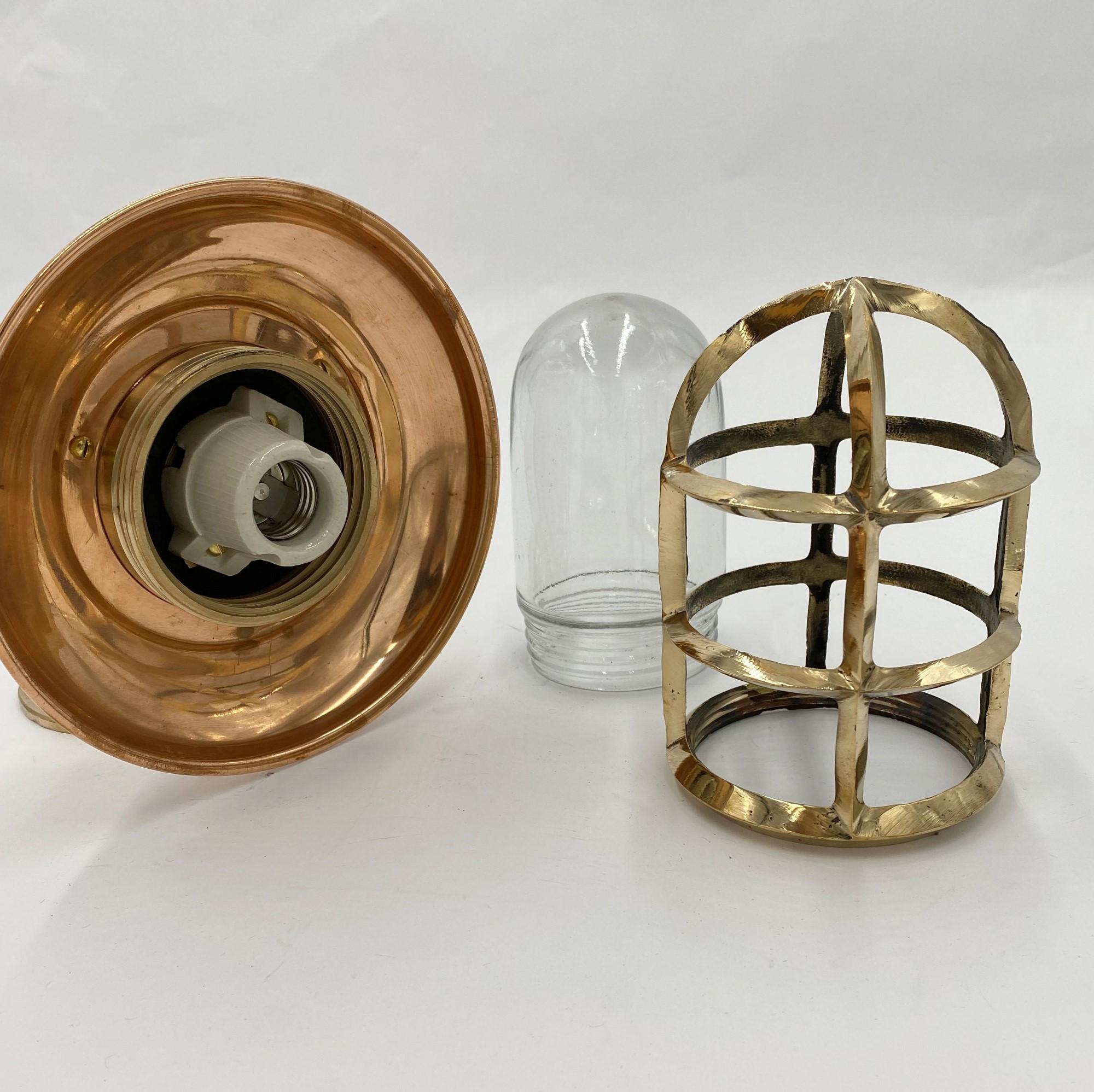 Industrial Solid Brass Nautical Sconce w/ Copper Shield; Qty Available For Sale