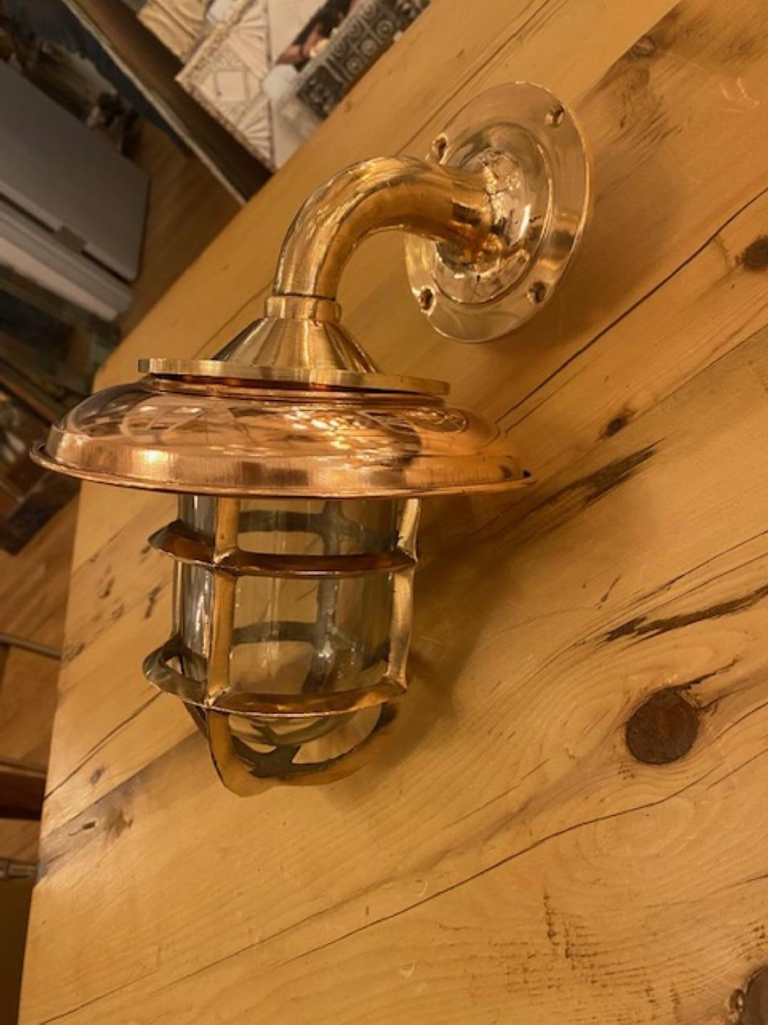 Polished Solid Brass Nautical Sconce w/ Copper Shield; Qty Available For Sale
