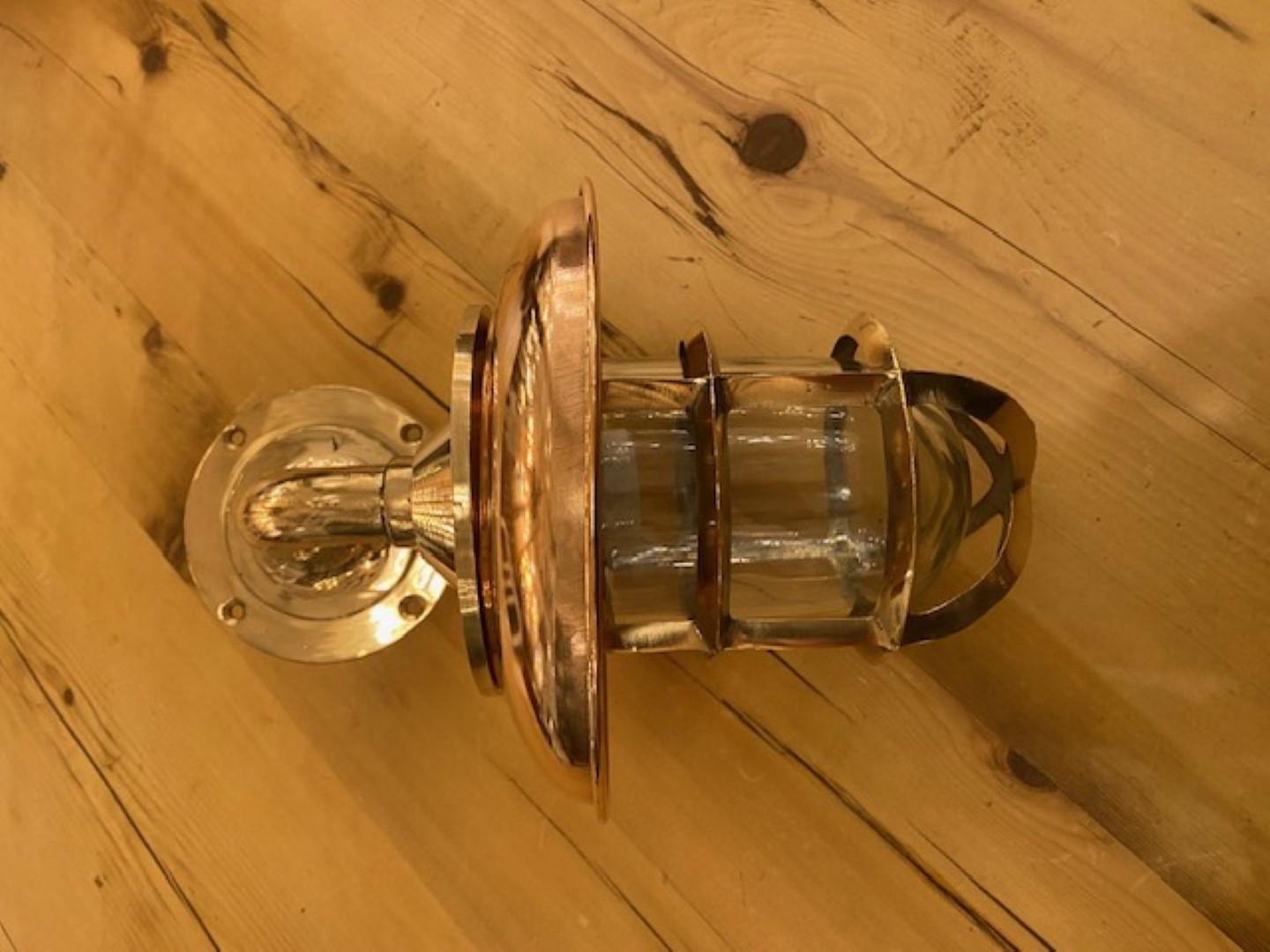 Contemporary Solid Brass Nautical Sconce w/ Copper Shield; Qty Available For Sale