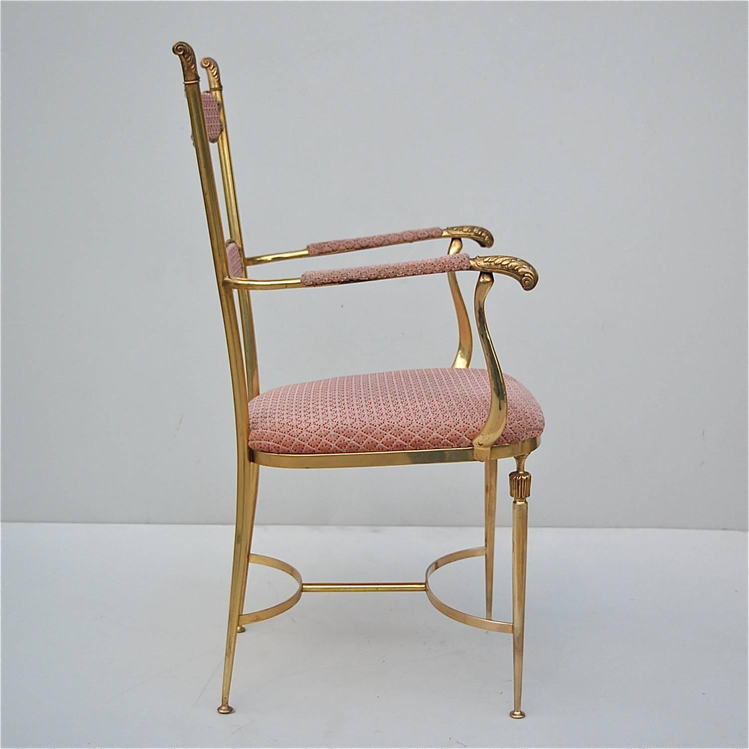 Solid brass chair designed in a French neoclassical style and a good alternative to the more well-known Italian Chiavari chair. Its use is as a side chair to accompany a dressing table, desk or give a glamorous touch to a hallway, bathroom, bedroom,