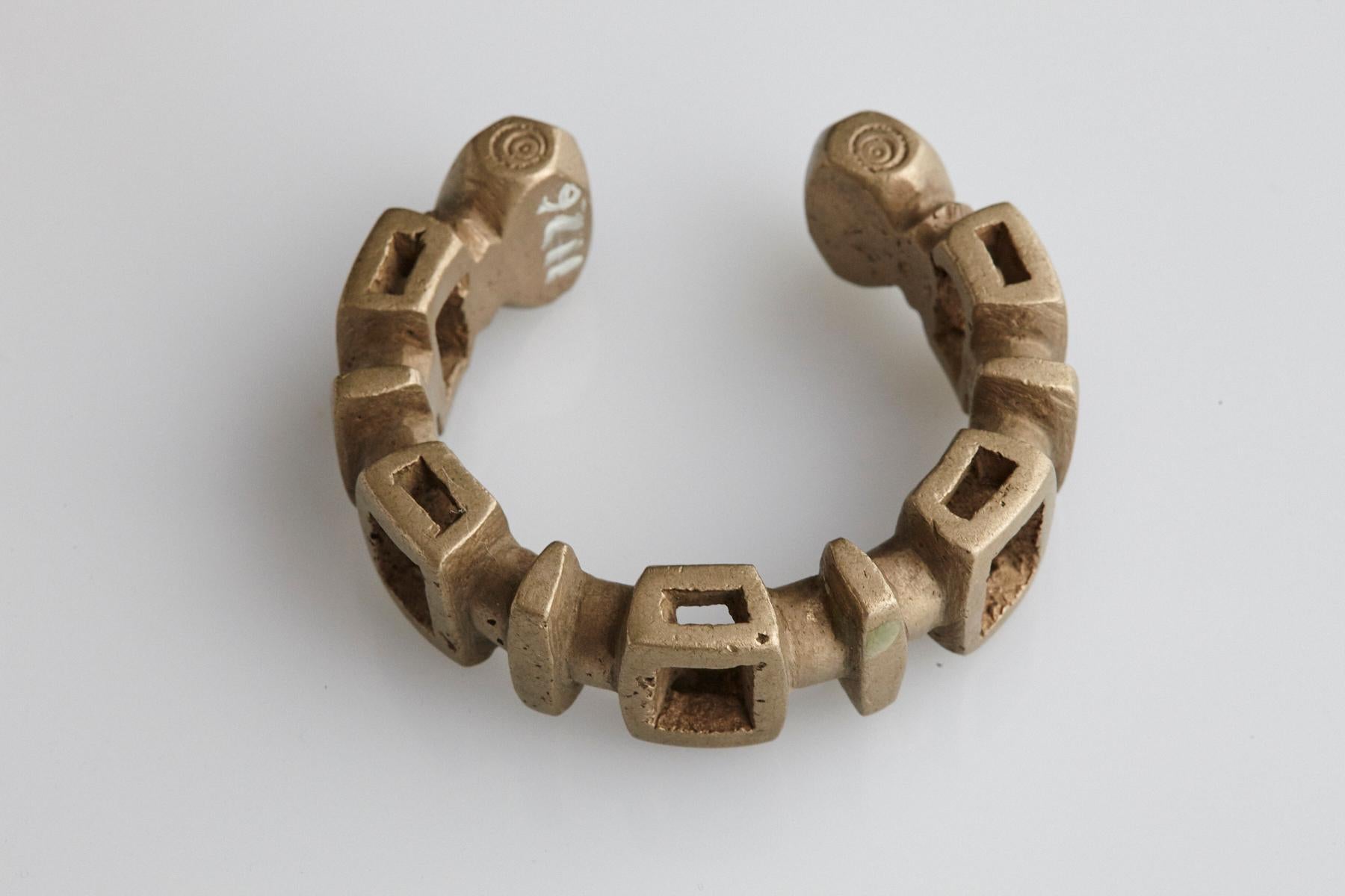 Hand-Crafted Solid Brass/Nickel Alloy Cuff Bracelet, Nupe People, Nigeria, 19th/20th Century For Sale