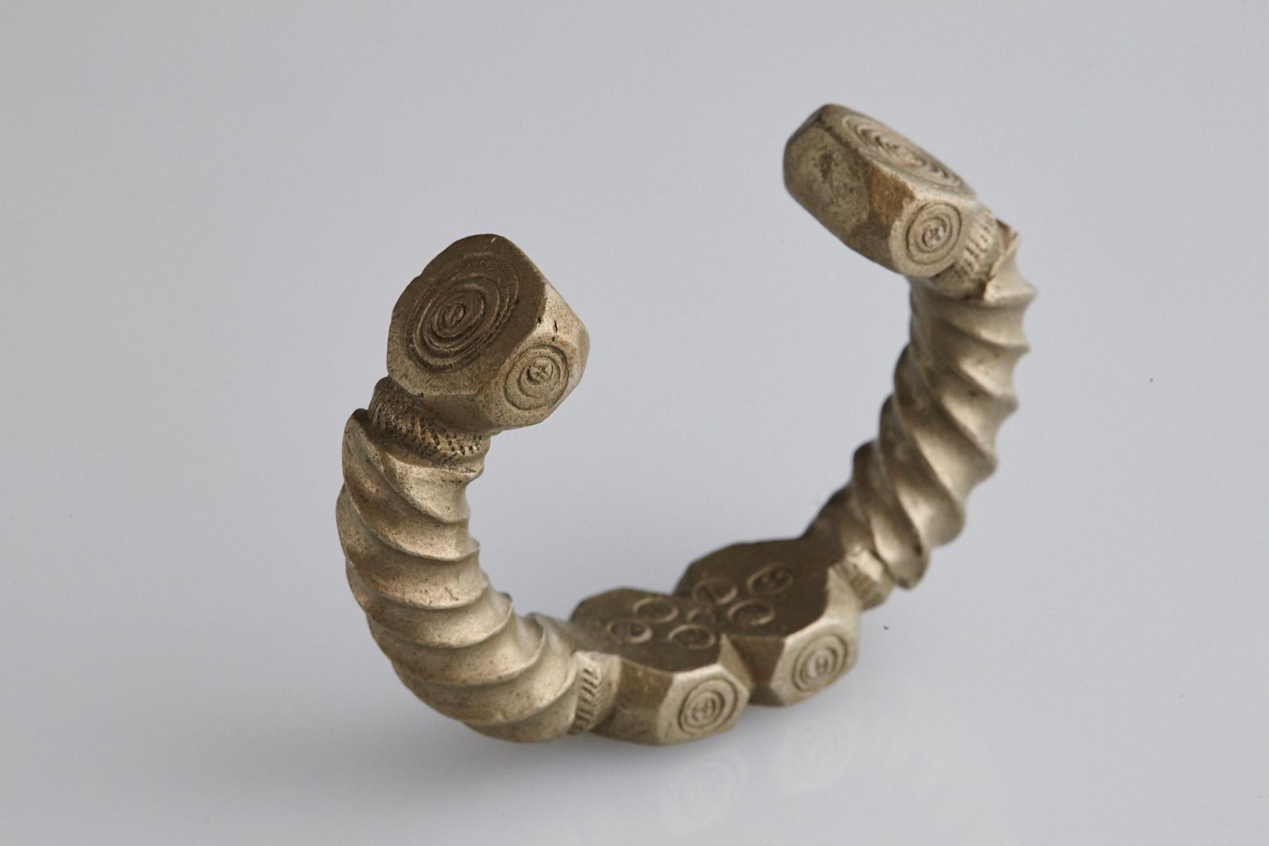Nigerian Solid Brass/Nickel Alloy Cuff Bracelet, Nupe People, Nigeria, 20th Century For Sale