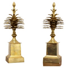 Vintage Solid Brass Open Pine Cone Mantle Ends / Shelf Accents - Pair