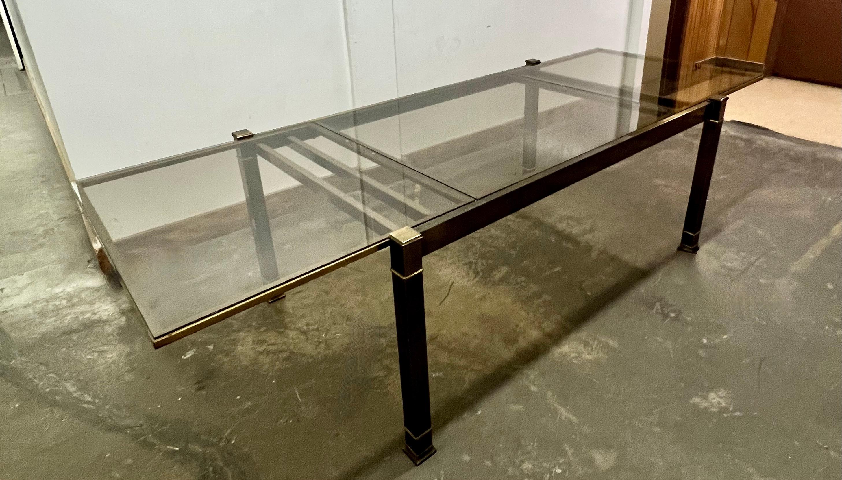 Mid-Century Modern Solid Brass Patinated Mastercraft Expandable Glass Top Dining Table  For Sale