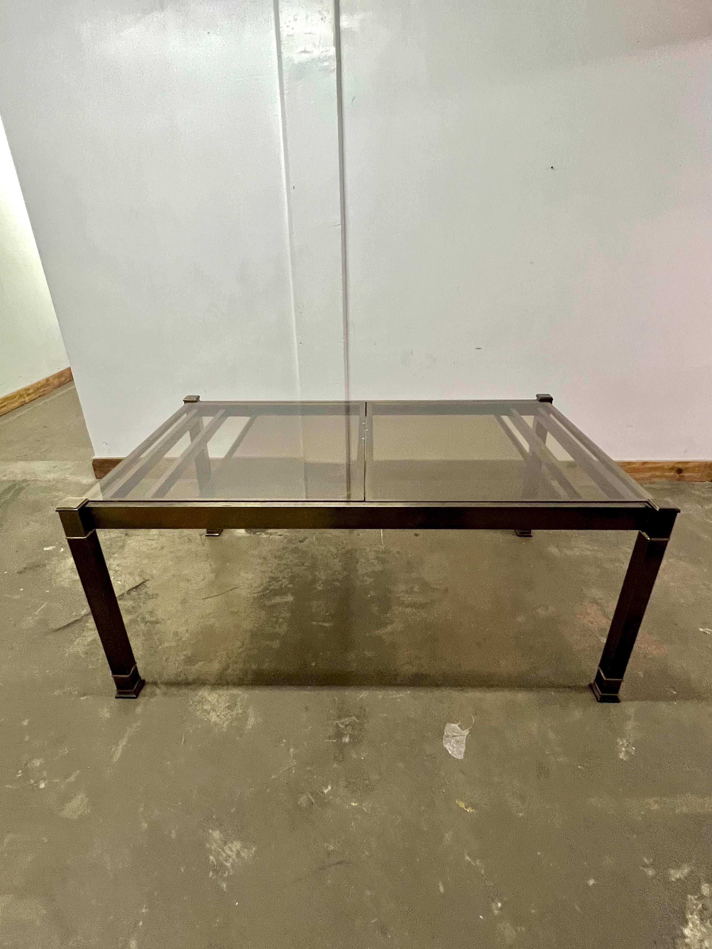 Solid Brass Patinated Mastercraft Expandable Glass Top Dining Table  In Good Condition For Sale In Los Angeles, CA