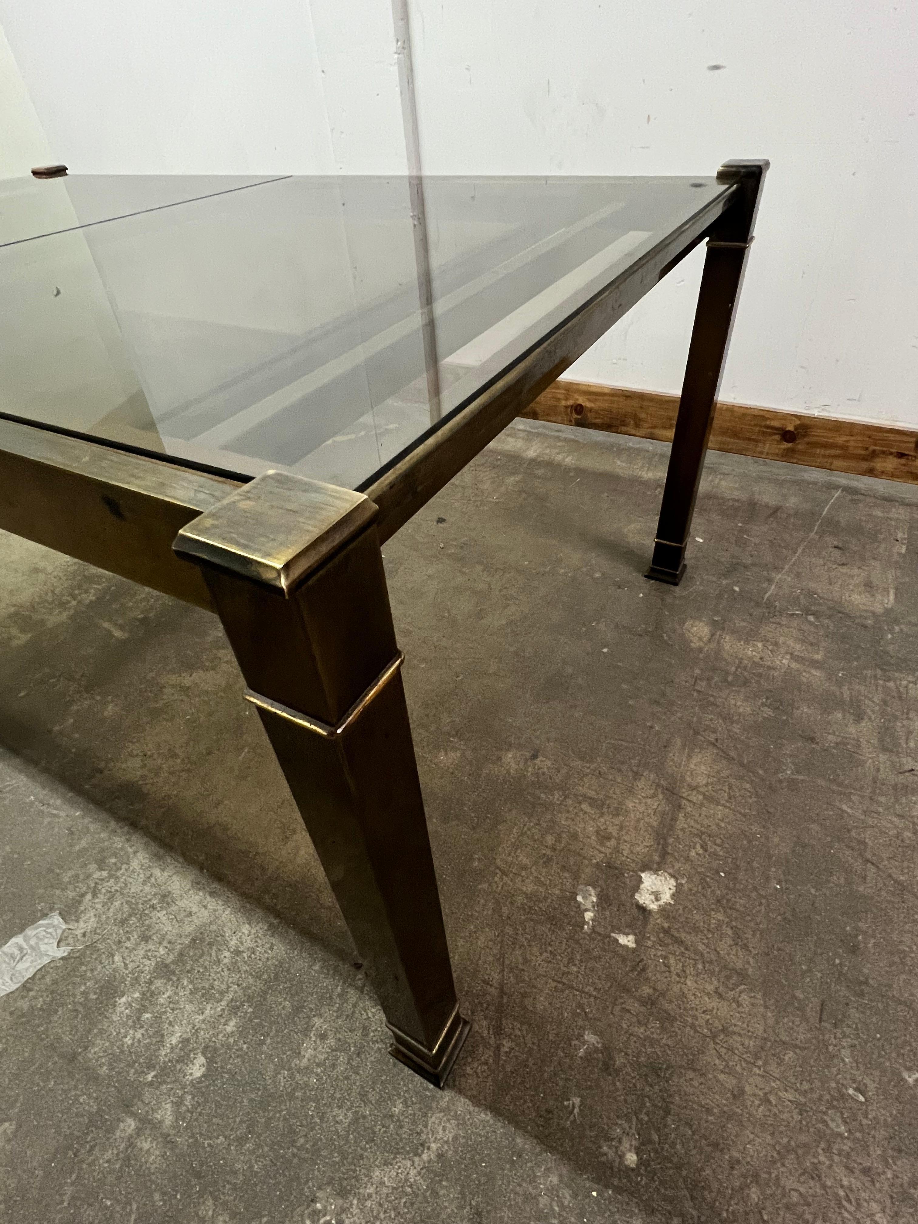 20th Century Solid Brass Patinated Mastercraft Expandable Glass Top Dining Table  For Sale
