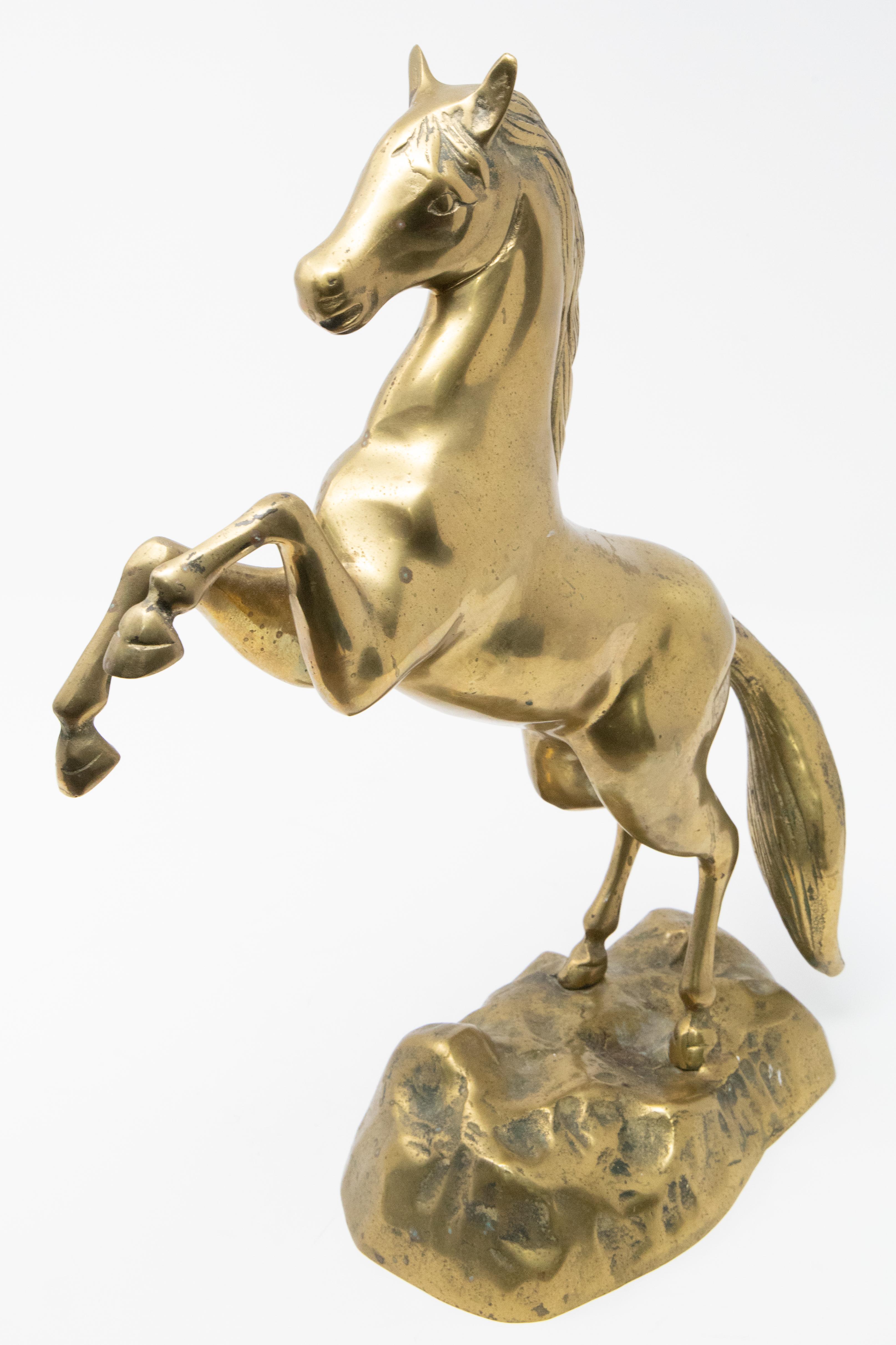 Hand-Crafted Solid Brass Raring Horse Figure For Sale