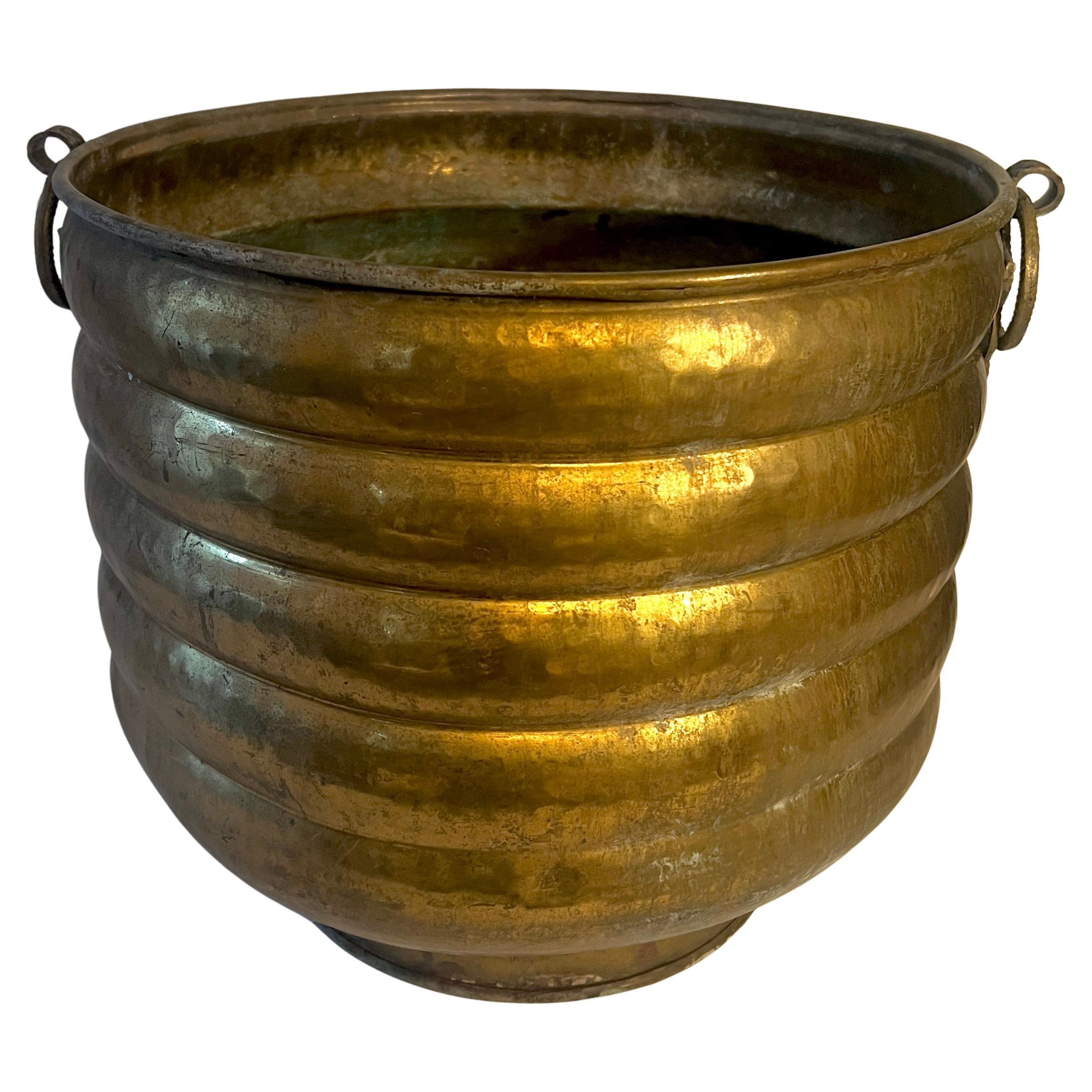 Solid Brass Ribbed Jardiniere Planter with Decorative Ring Handles