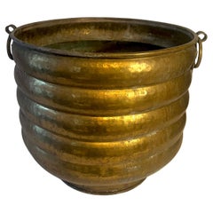 Solid Brass Ribbed Jardiniere Planter with Decorative Ring Handles