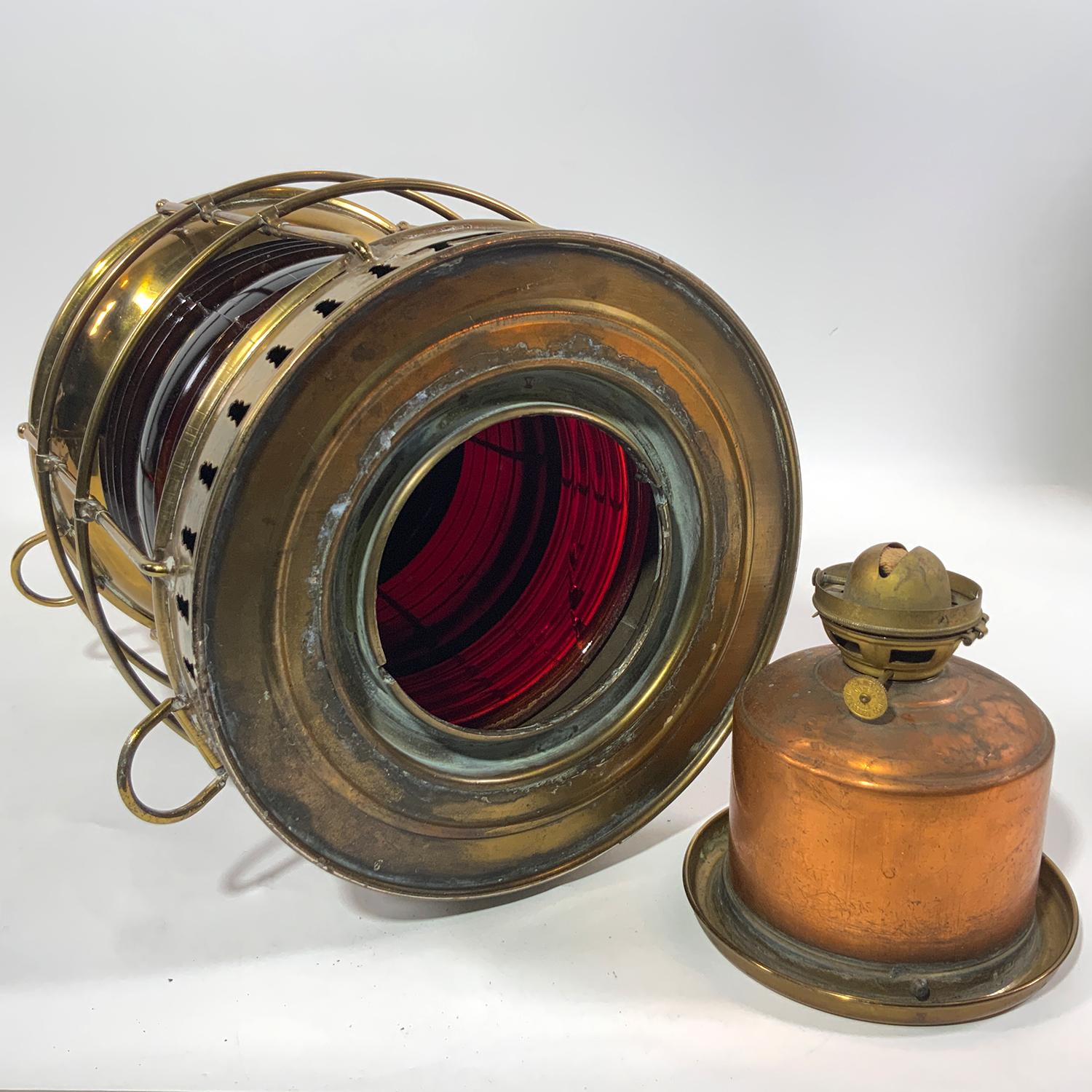 Lacquered Solid Brass Ruby Red Ships Lantern For Sale
