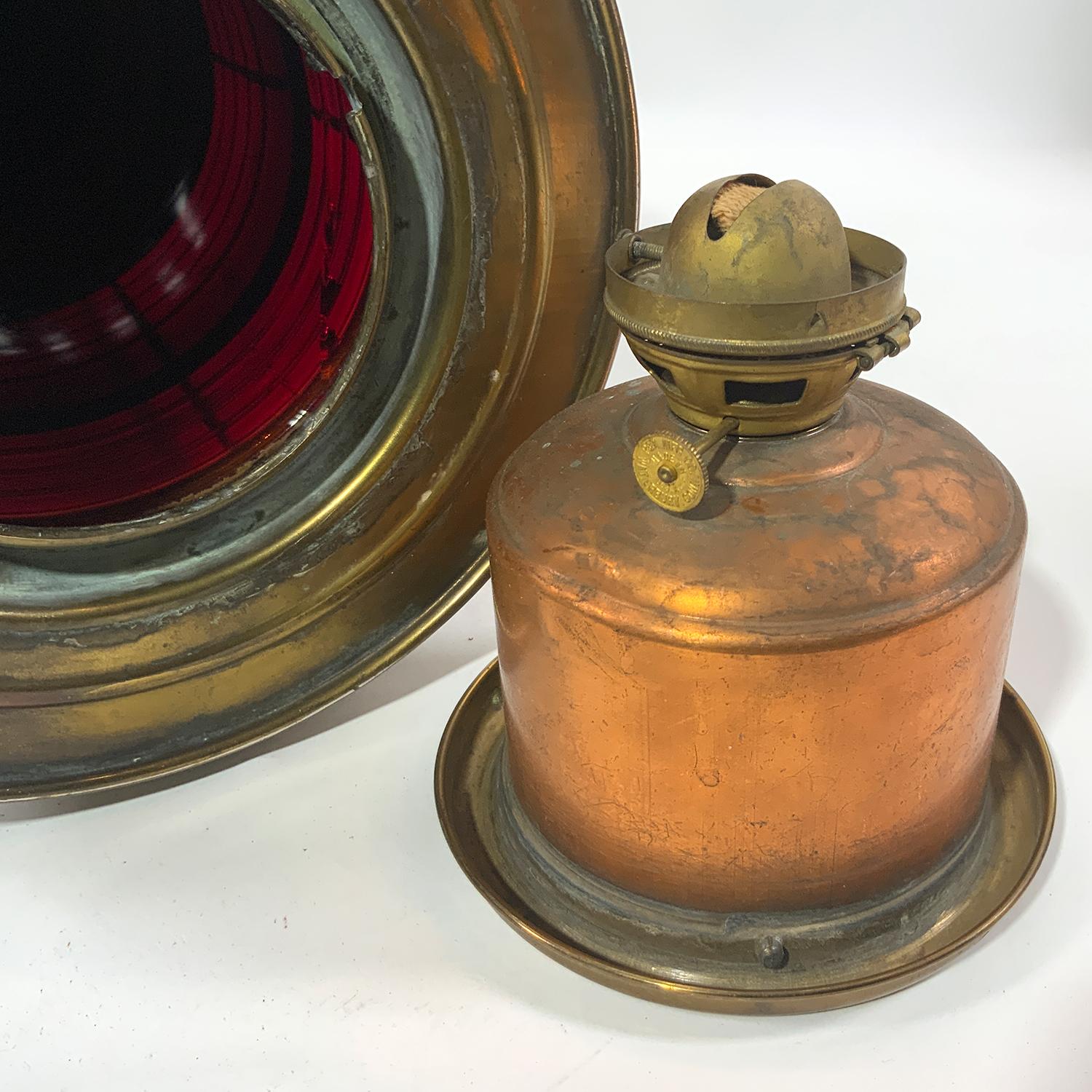 Solid Brass Ruby Red Ships Lantern In Good Condition For Sale In Norwell, MA