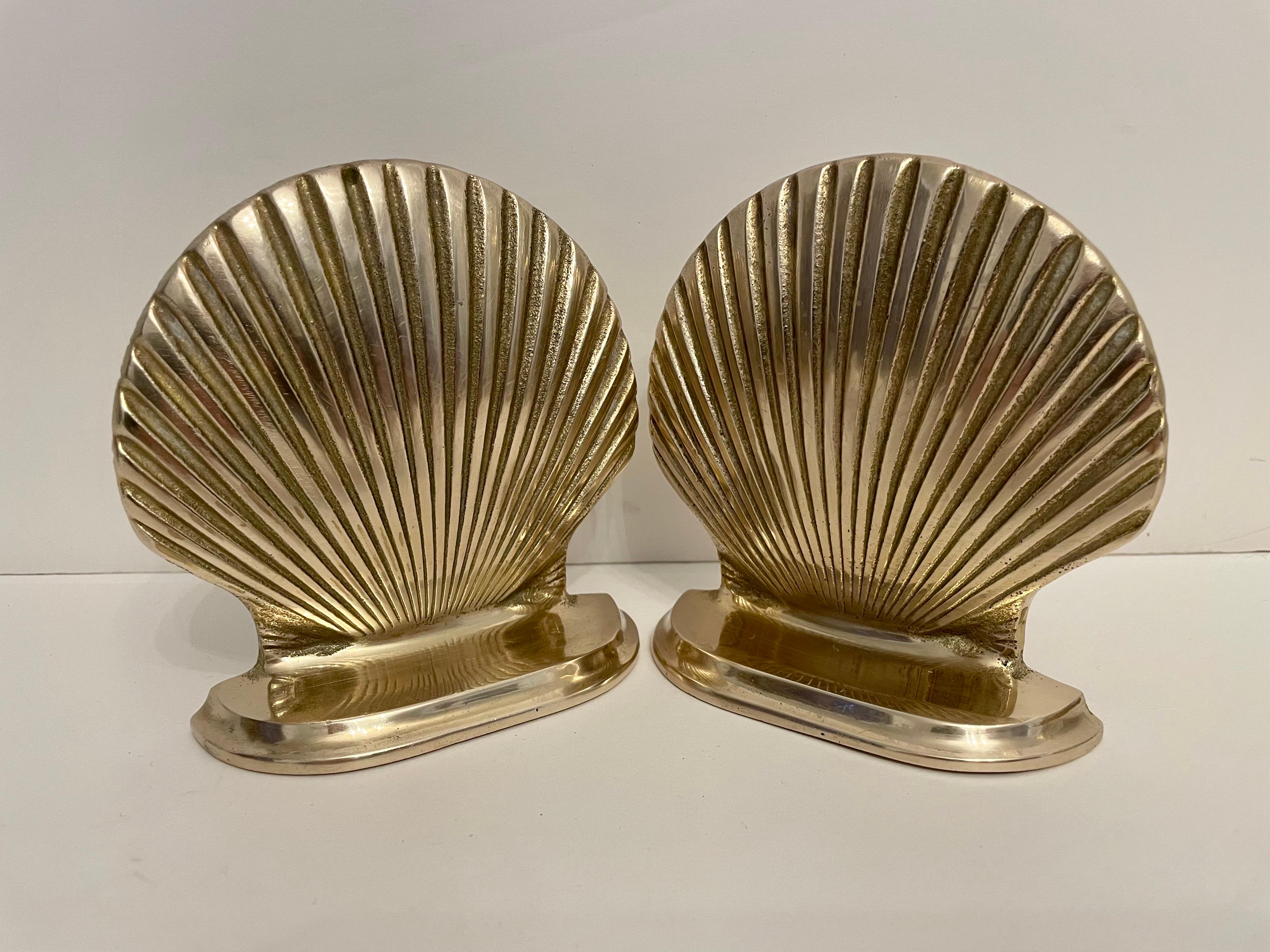 Solid Brass Scallop Shell Bookends In Good Condition In New York, NY