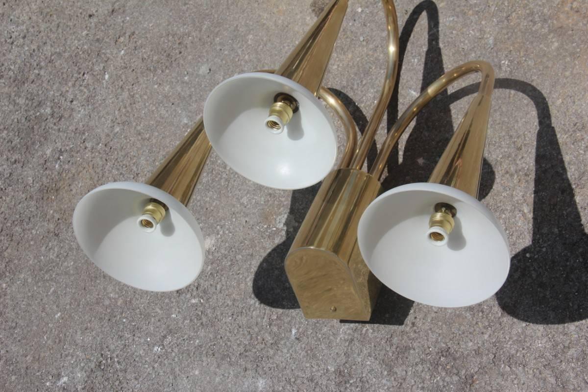 Mid-Century Modern Solid Brass Sconce 1950 Italian Mid-century Modern Glass white Satin  For Sale