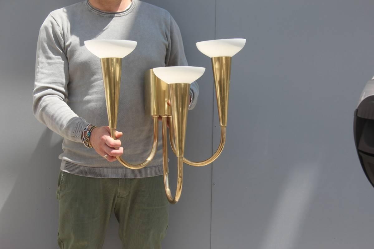Solid Brass Sconce 1950 Italian Mid-century Modern Glass white Satin  For Sale 1