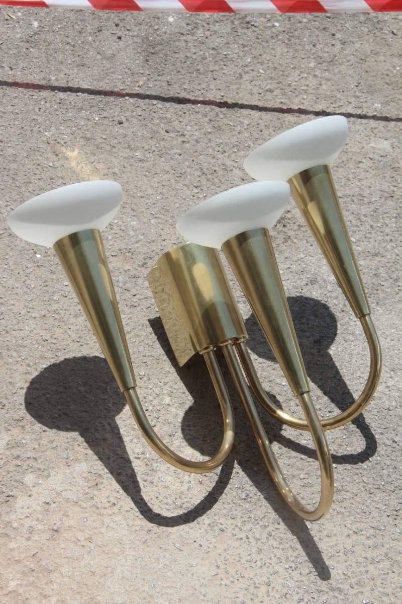 Solid Brass Sconce 1950 Italian Mid-century Modern Glass white Satin  For Sale 2