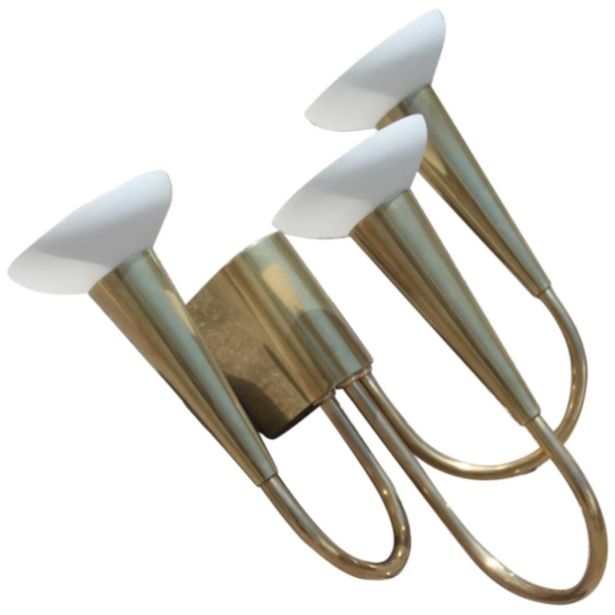 Solid Brass Sconce 1950 Italian Mid-century Modern Glass white Satin  For Sale