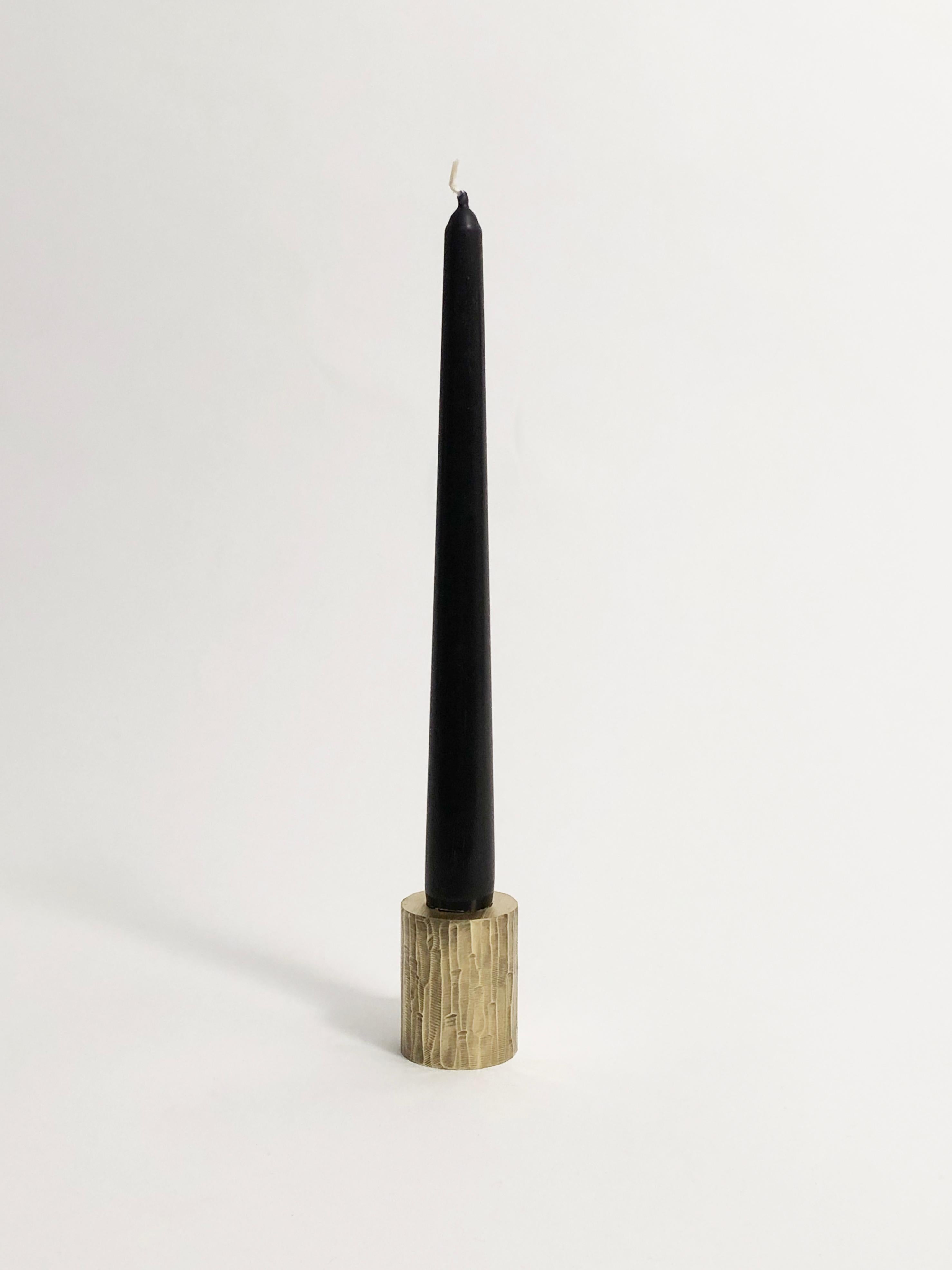 Solid brass sculpted candleholder by William Guillon
Signed William Guillon
Dimensions: Diameter 4 x height 5 cm
Also available: Diameter 3.5 x height 6 cm
Materials: Solid brass, raw finish with polished edge
Patinated black finish