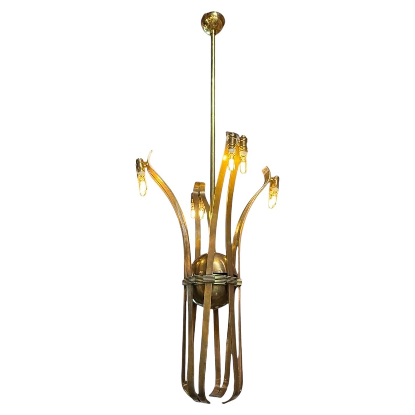 Solid Brass Sculptural Chandelier in Style of Guglielmo Ulrich, 1970s For Sale