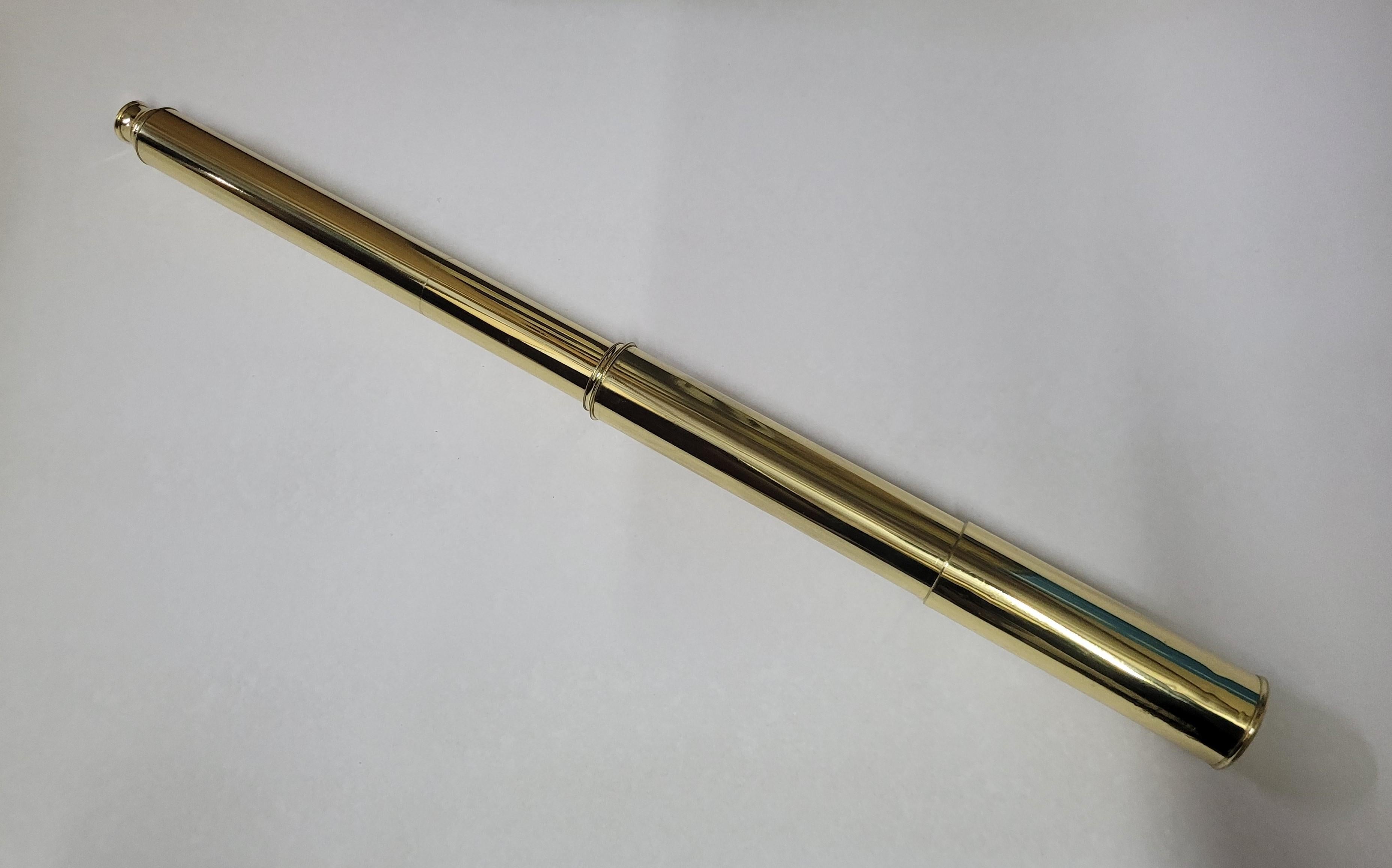 Ships spyglass telescope appropriate for use on a yacht, ship, or anywhere with a view. This has been meticulously polished and lacquered. We just restored a great collection of these. This fine instrument has a single draw barrel of solid brass.