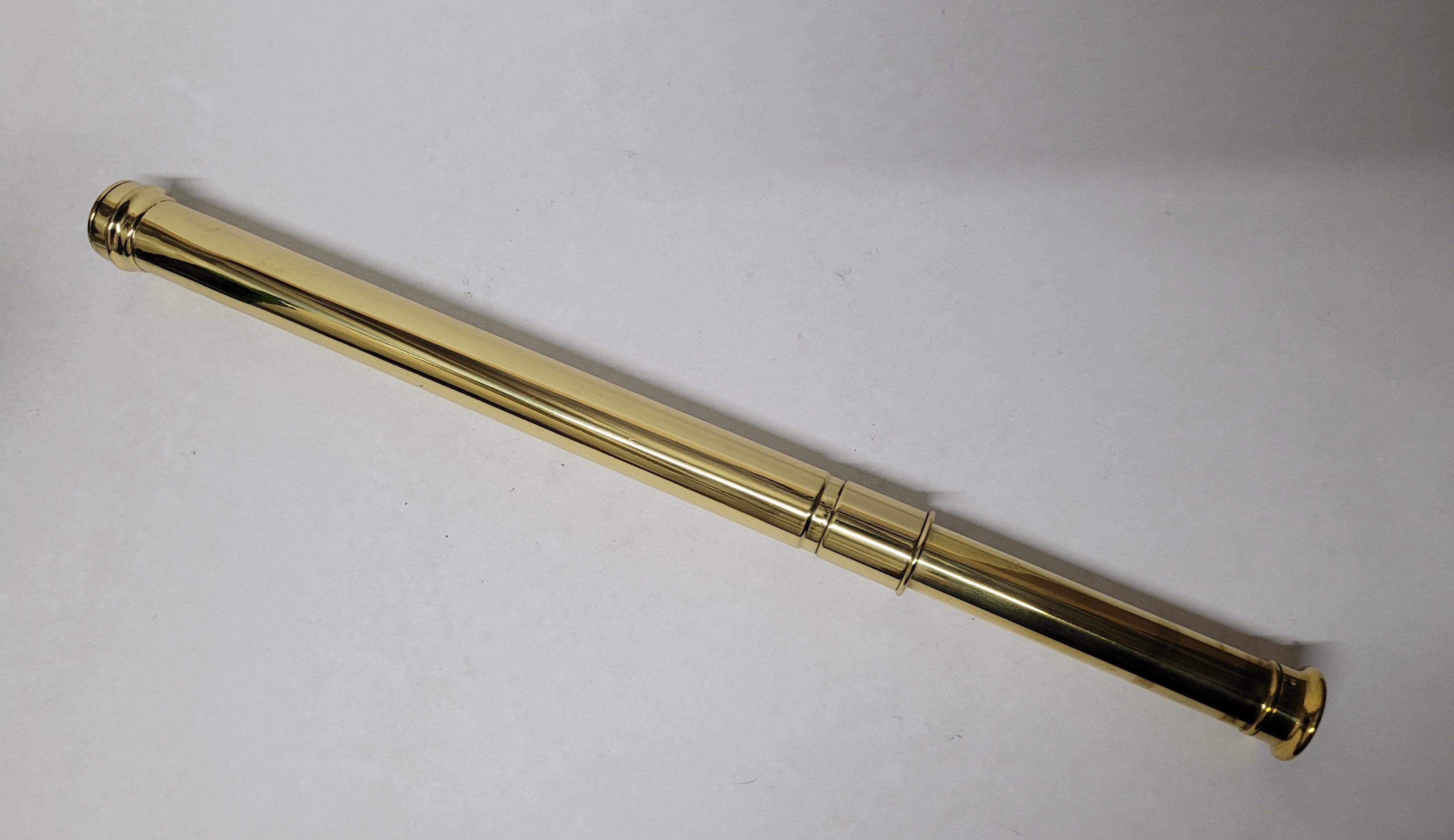 Ships spyglass telescope appropriate for use on a yacht, ship, or anywhere with a view. This has been meticulously polished and lacquered. We just restored a great collection of these. This fine instrument has a draw barrel of ?. The focal tube is