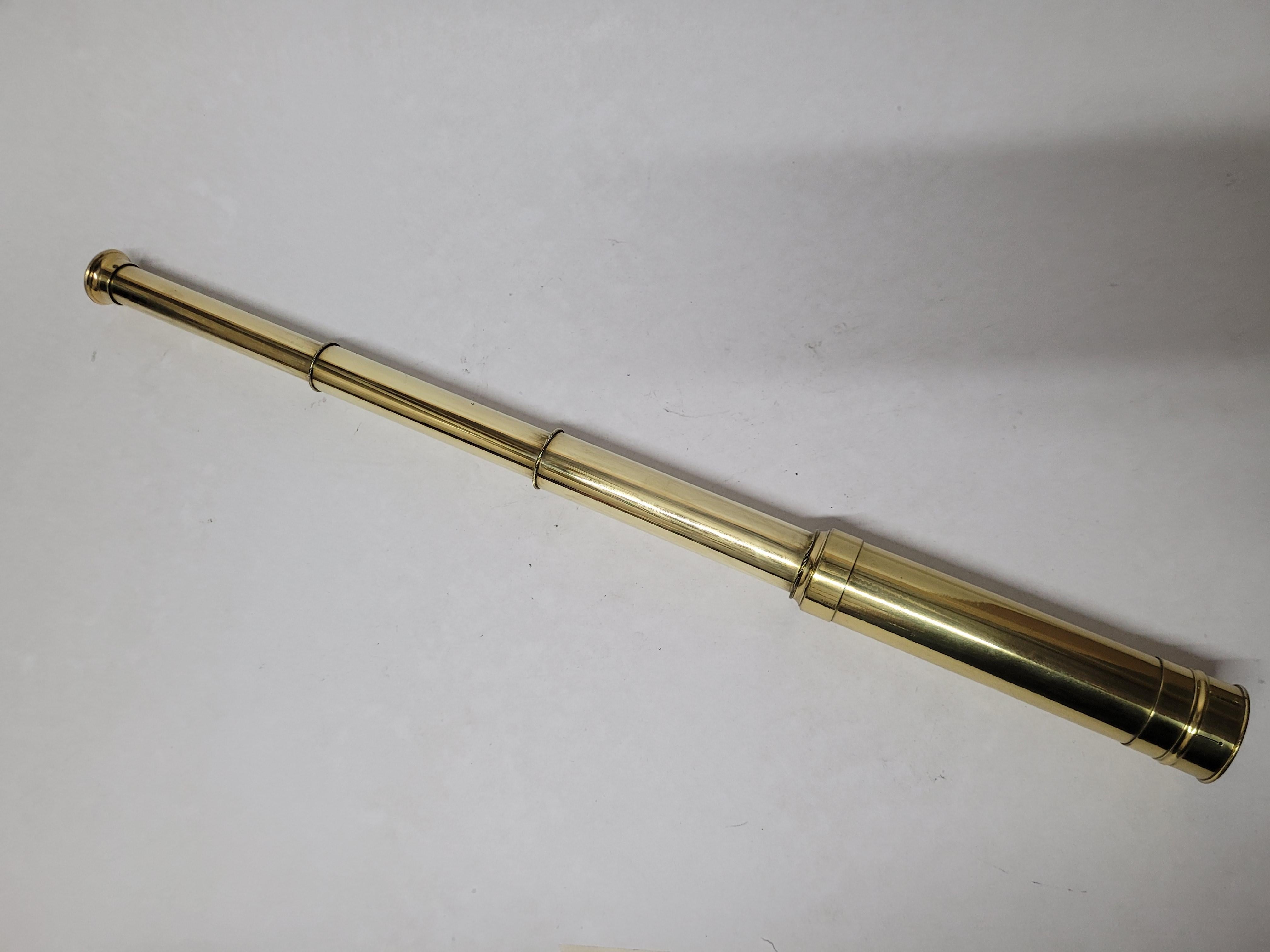 Ships spyglass telescope appropriate for use on a yacht, ship, or anywhere with a view. Nice smaller size. This has been meticulously polished and lacquered. We just restored a great collection of these. This fine instrument has a triple draw barrel