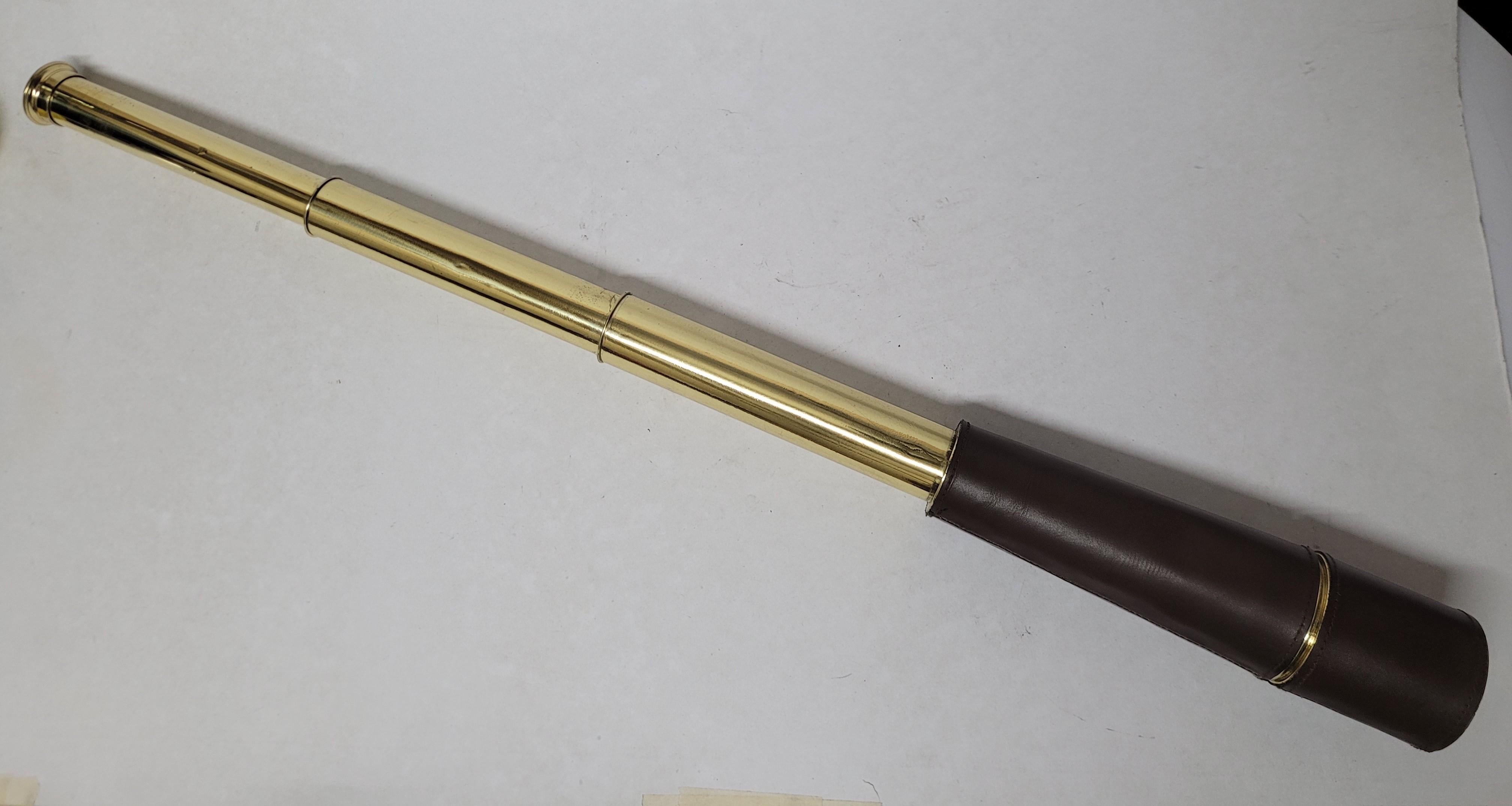 Ships spyglass telescope appropriate for use on a yacht, ship, or anywhere with a view. This has been meticulously polished and lacquered. We just restored a great collection of these. This fine instrument has a triple draw barrel of solid brass