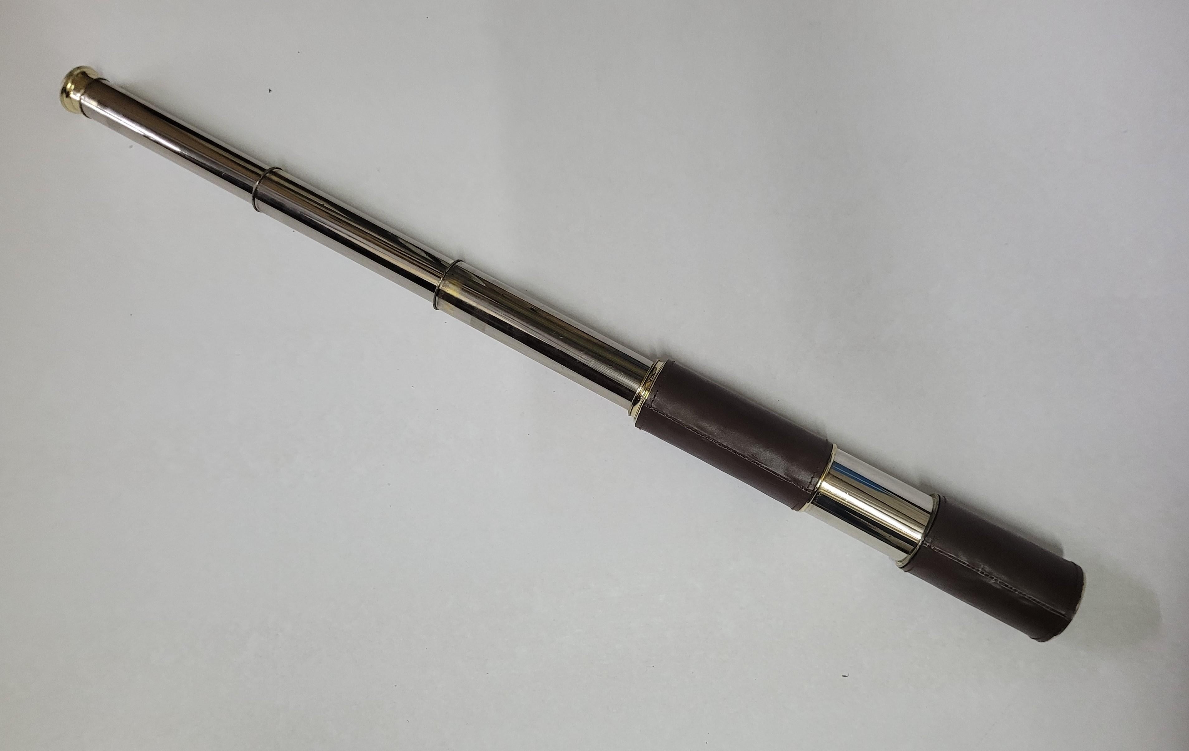 Ships spyglass telescope appropriate for use on a yacht, ship, or anywhere with a view. This has been meticulously polished and lacquered. We just restored a great collection of these. This fine instrument has a three draw barrel of brass with soft
