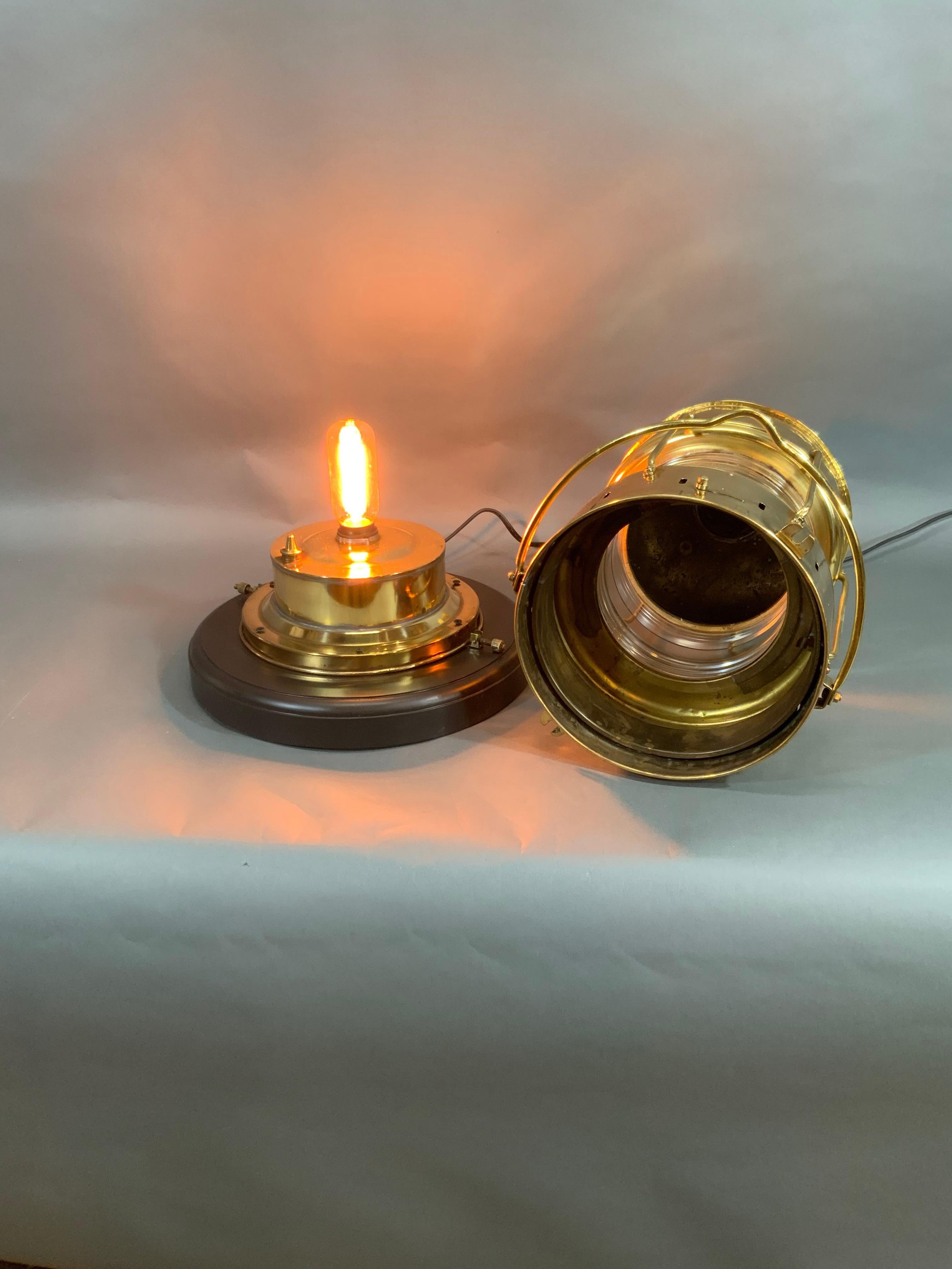 Solid Brass Ship's Anchor Lantern with Fresnel Lens by Nippon Sento Co. LTD In Good Condition For Sale In Norwell, MA