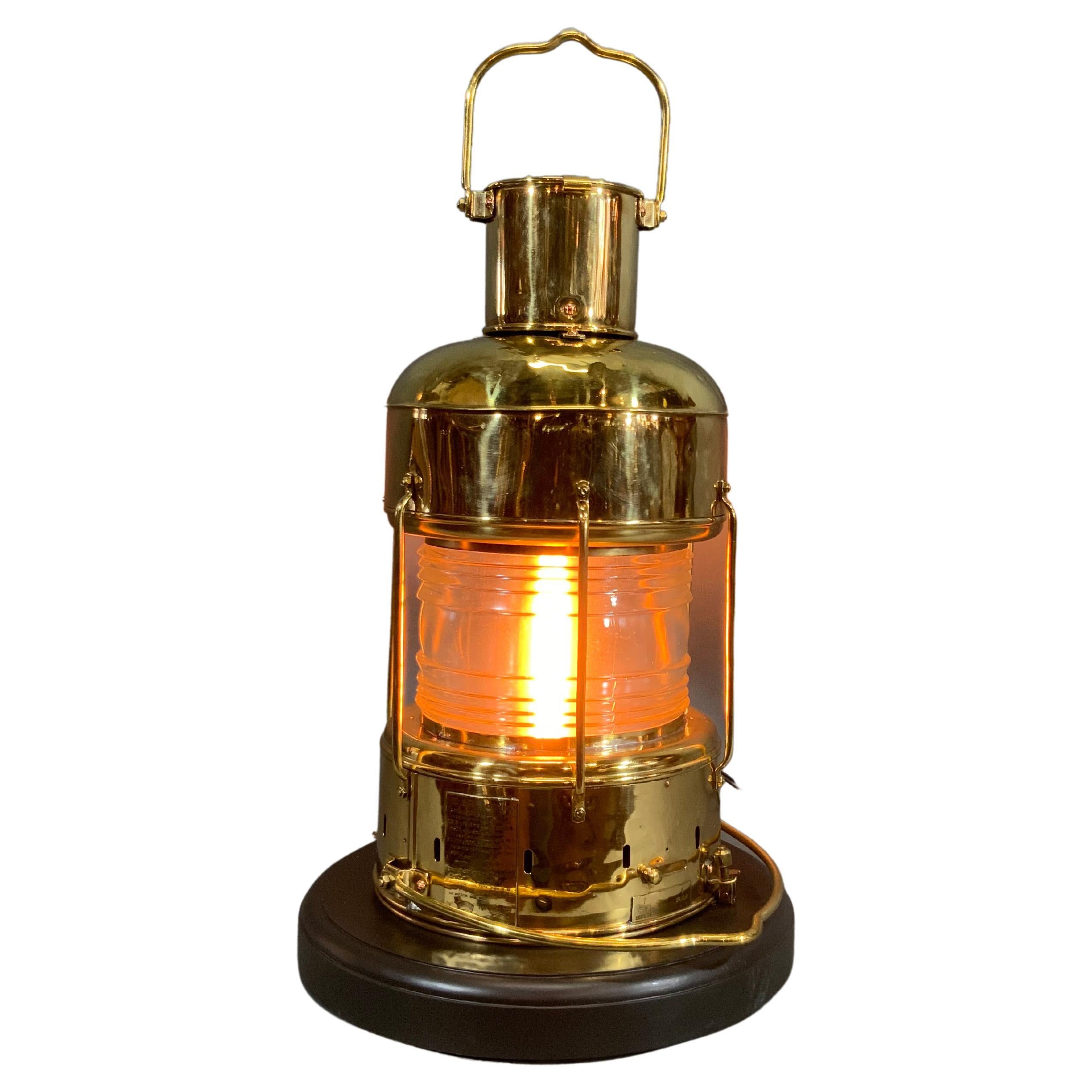 Solid Brass Ship's Anchor Lantern with Fresnel Lens by Nippon Sento Co. LTD For Sale