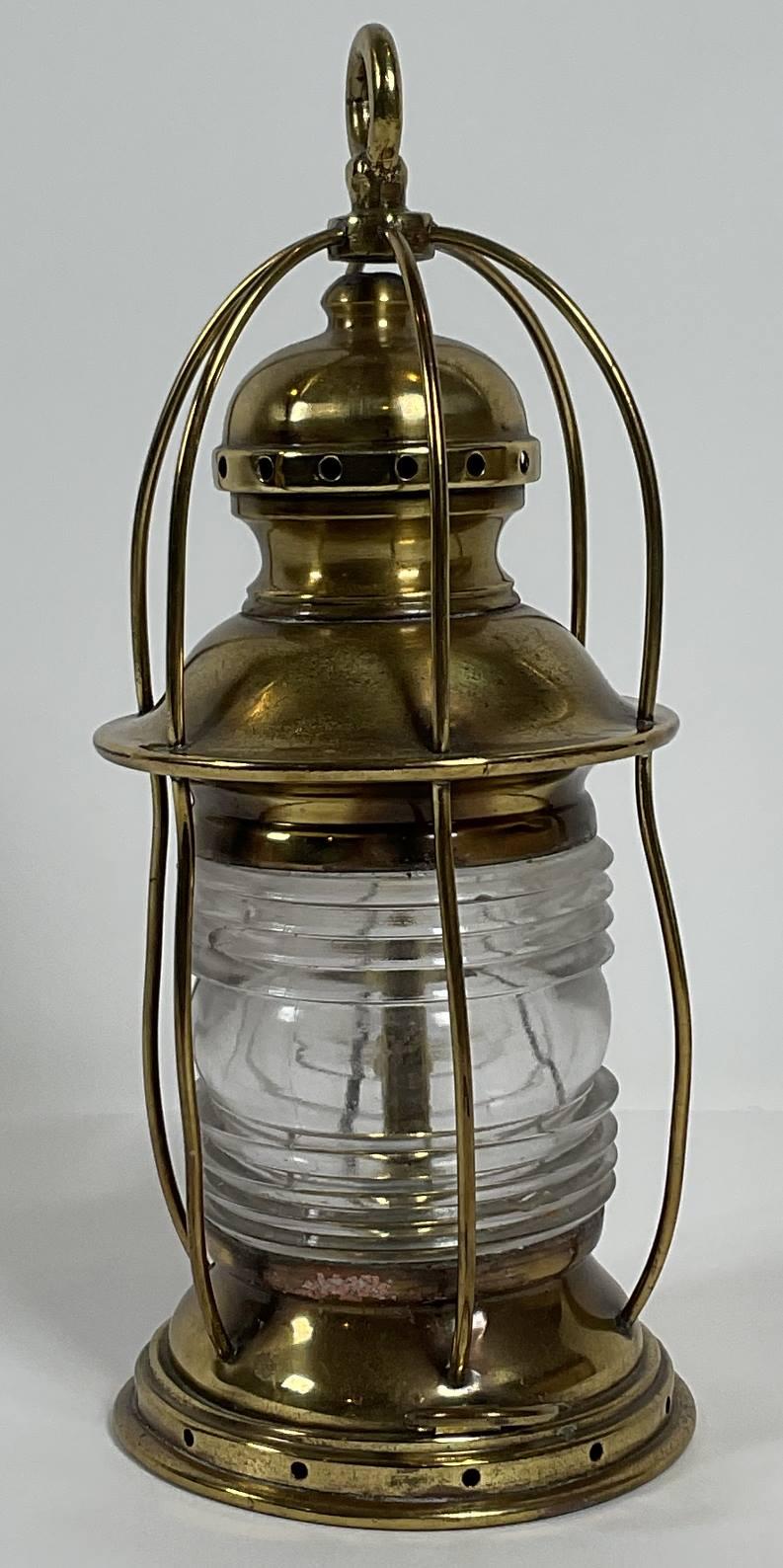 Solid Brass Ships Anchor Lantern with Fresnel Lens In Good Condition For Sale In Norwell, MA
