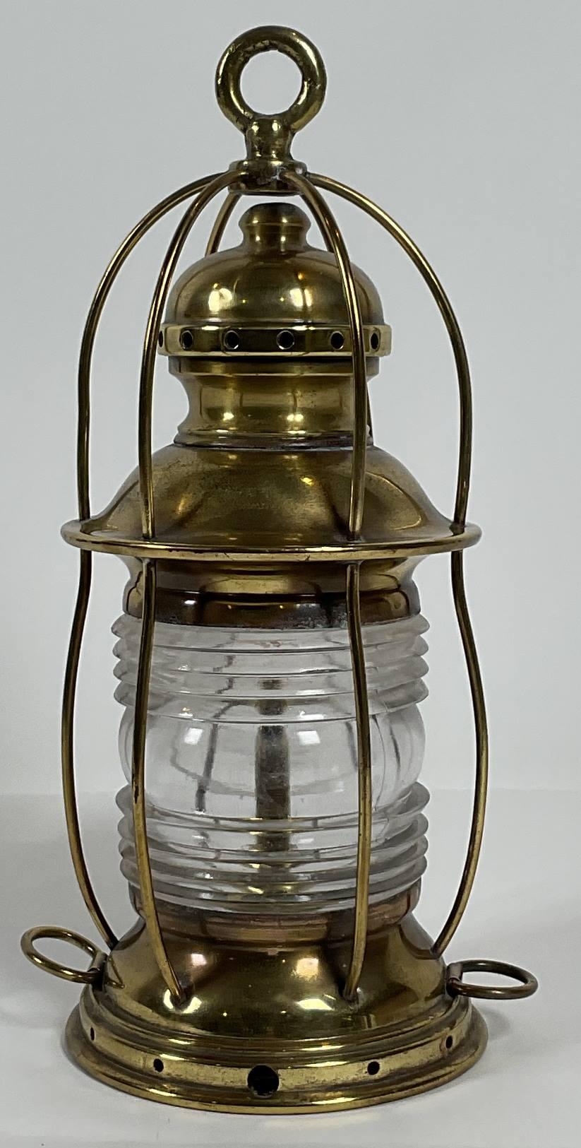 Mid-20th Century Solid Brass Ships Anchor Lantern with Fresnel Lens For Sale