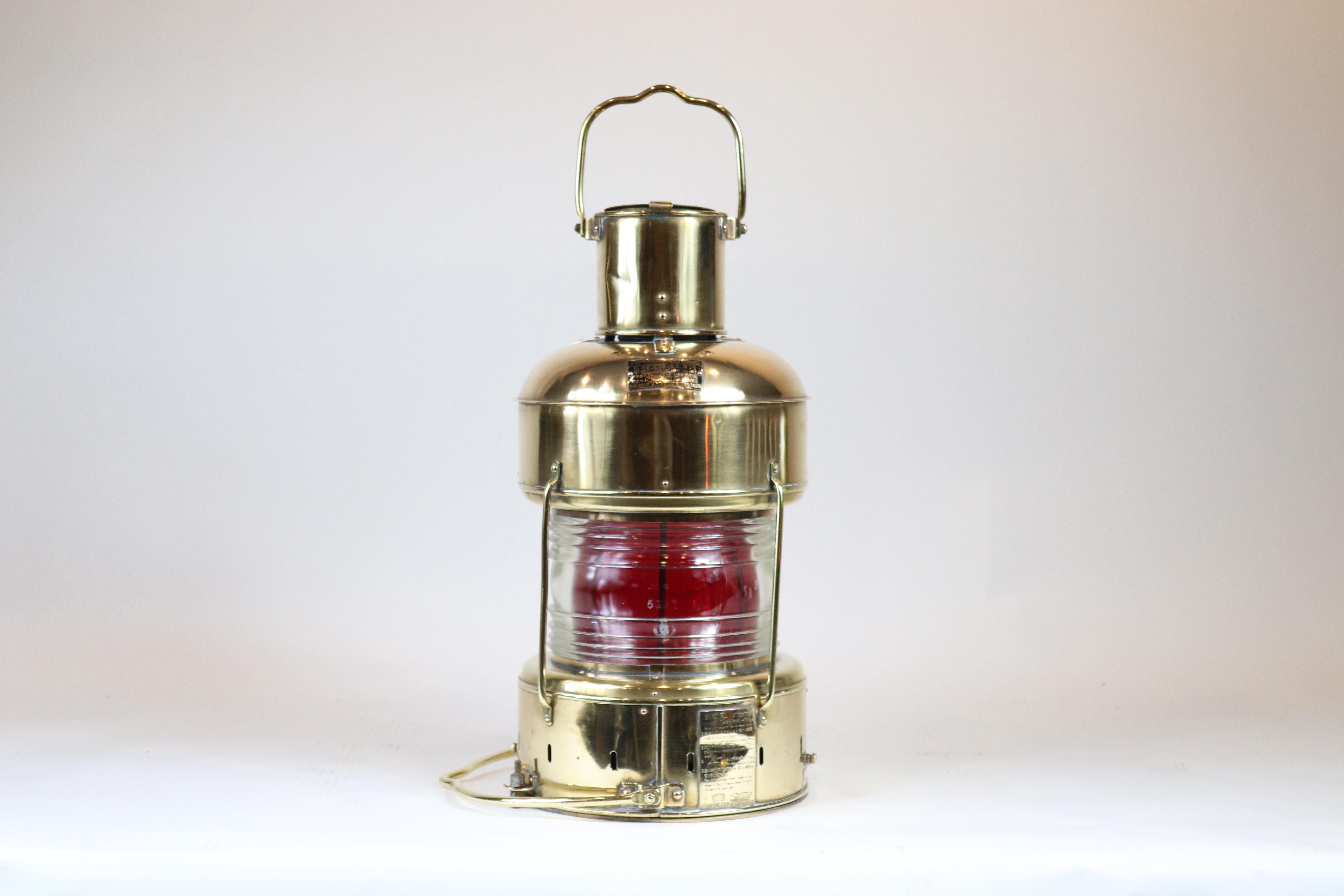 Brass anchor lantern with highly polished Fresnel lens with removable red filter. Japanese made, dated 1969. 10
