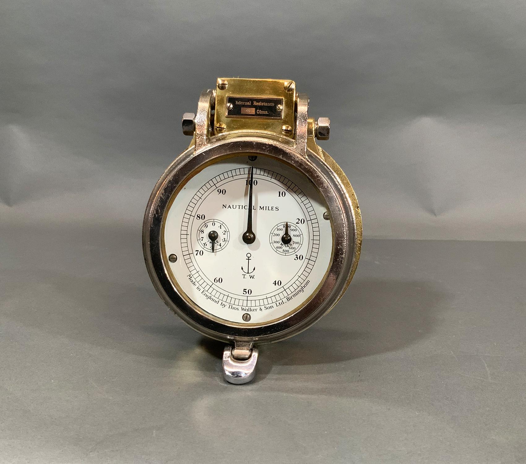 Made in England by Thomas Walker and Son LTD Birmingham. Triple dial, anchor logo, nautical miles, and per mile and hundred miles gauges. Great piece of nautical décor.

Weight: 8 LBS
Overall Dimensions: 9