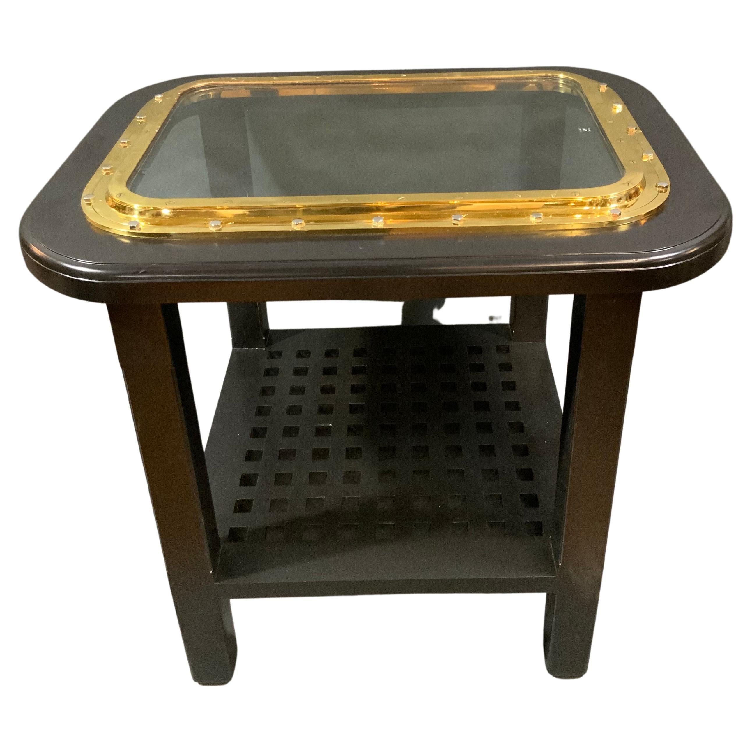 Solid Brass Ships Porthole Repurposed as a Bistro Height Table For Sale