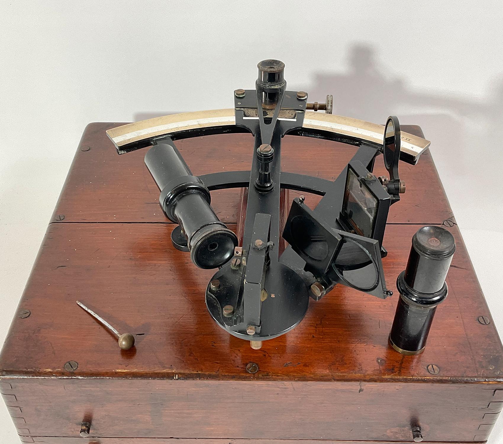 Late Nineteenth Navigators Sextant. T Frame design. Box has label of H.A. Johannesen Compass Adjuster, Fish Dock Rd., Grimsby. Circa 1920. Phone number on label is 483.