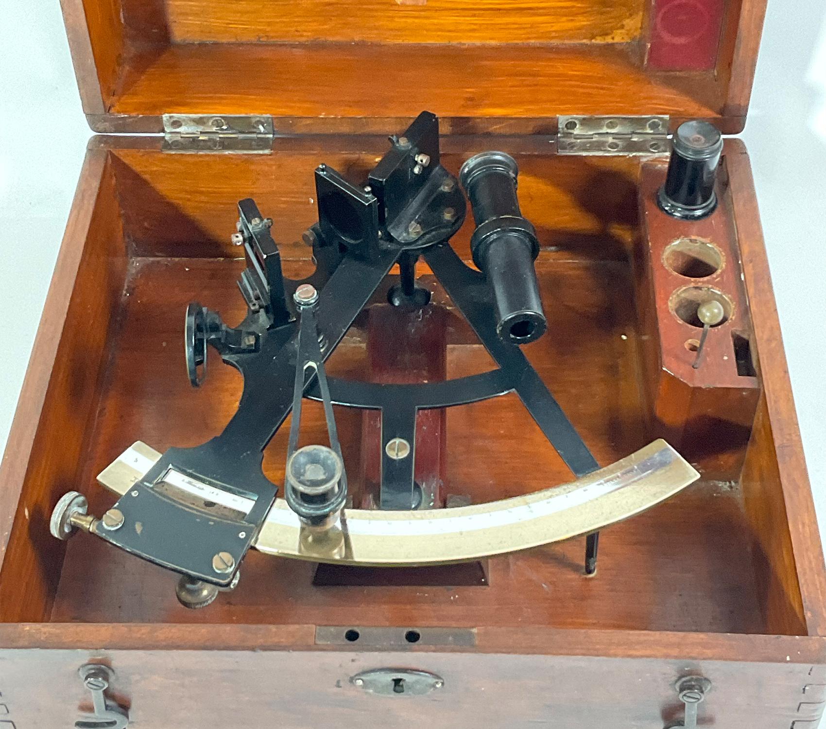 Wood Solid Brass Ships Sextant In Box For Sale