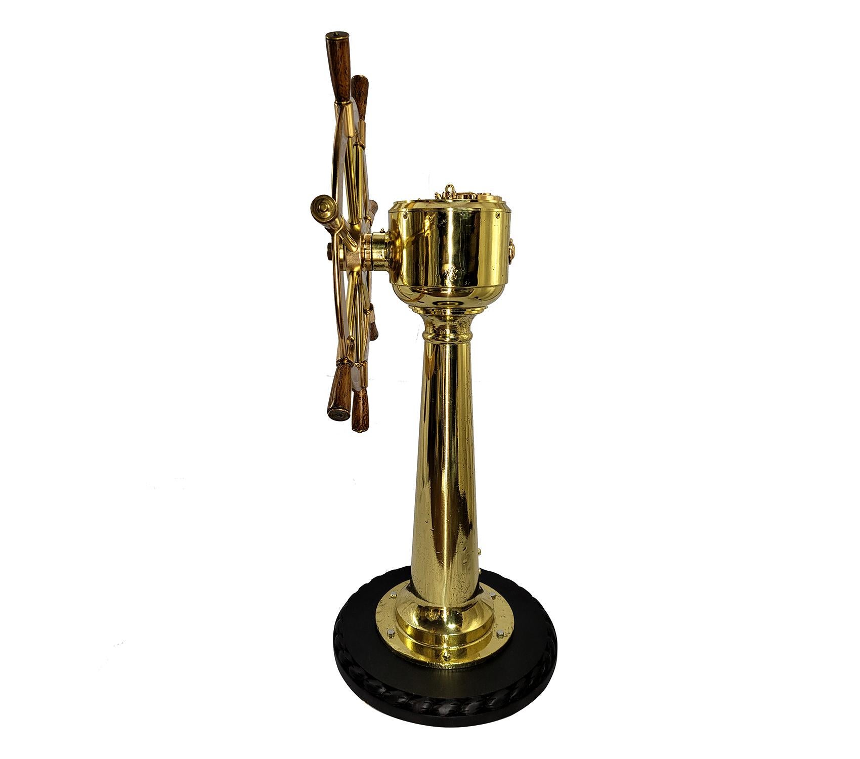 North American Solid Brass Ships Wheel on Stand For Sale