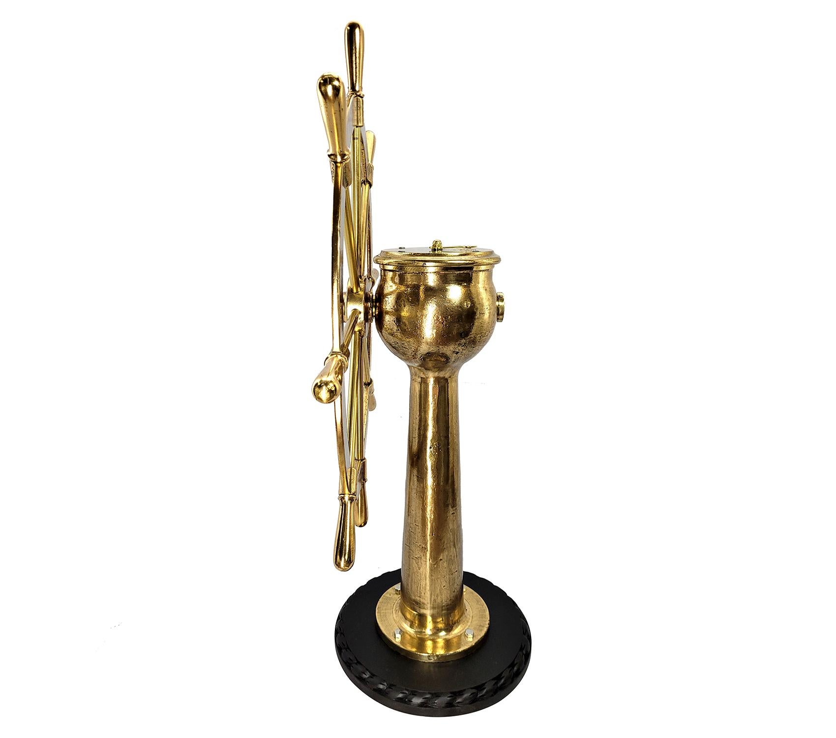 Polished Solid Brass Ships Wheel on Stand For Sale