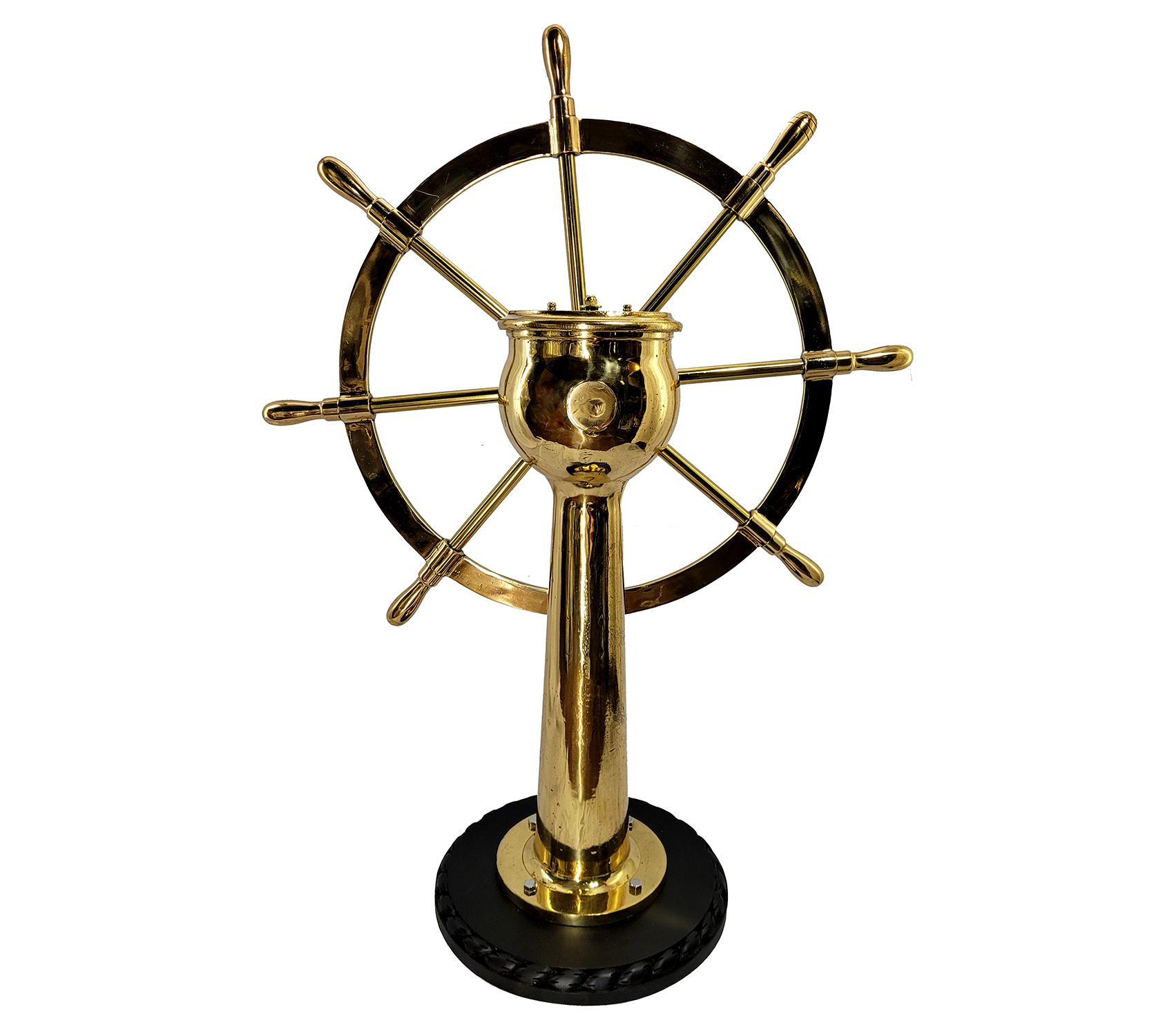 Solid Brass Ships Wheel on Stand In Good Condition For Sale In Norwell, MA