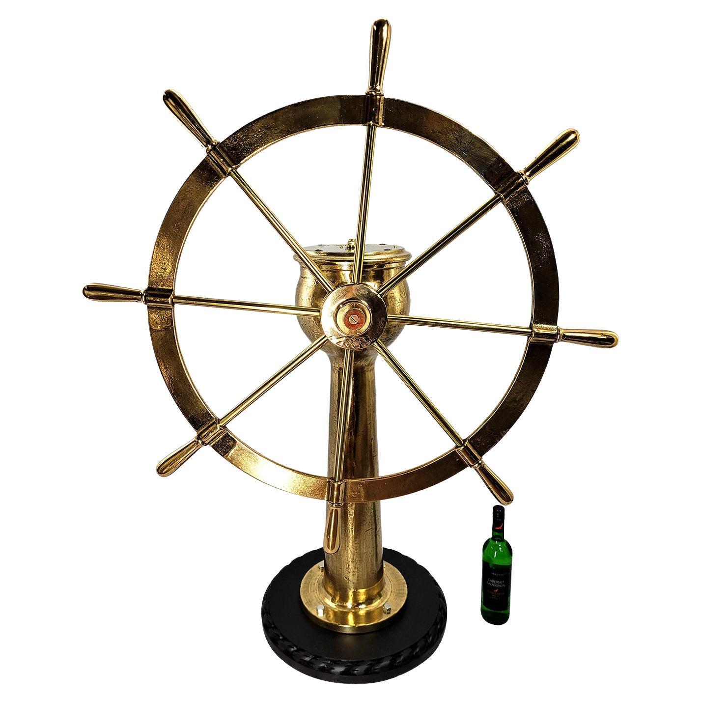 Solid Brass Ships Wheel on Stand For Sale
