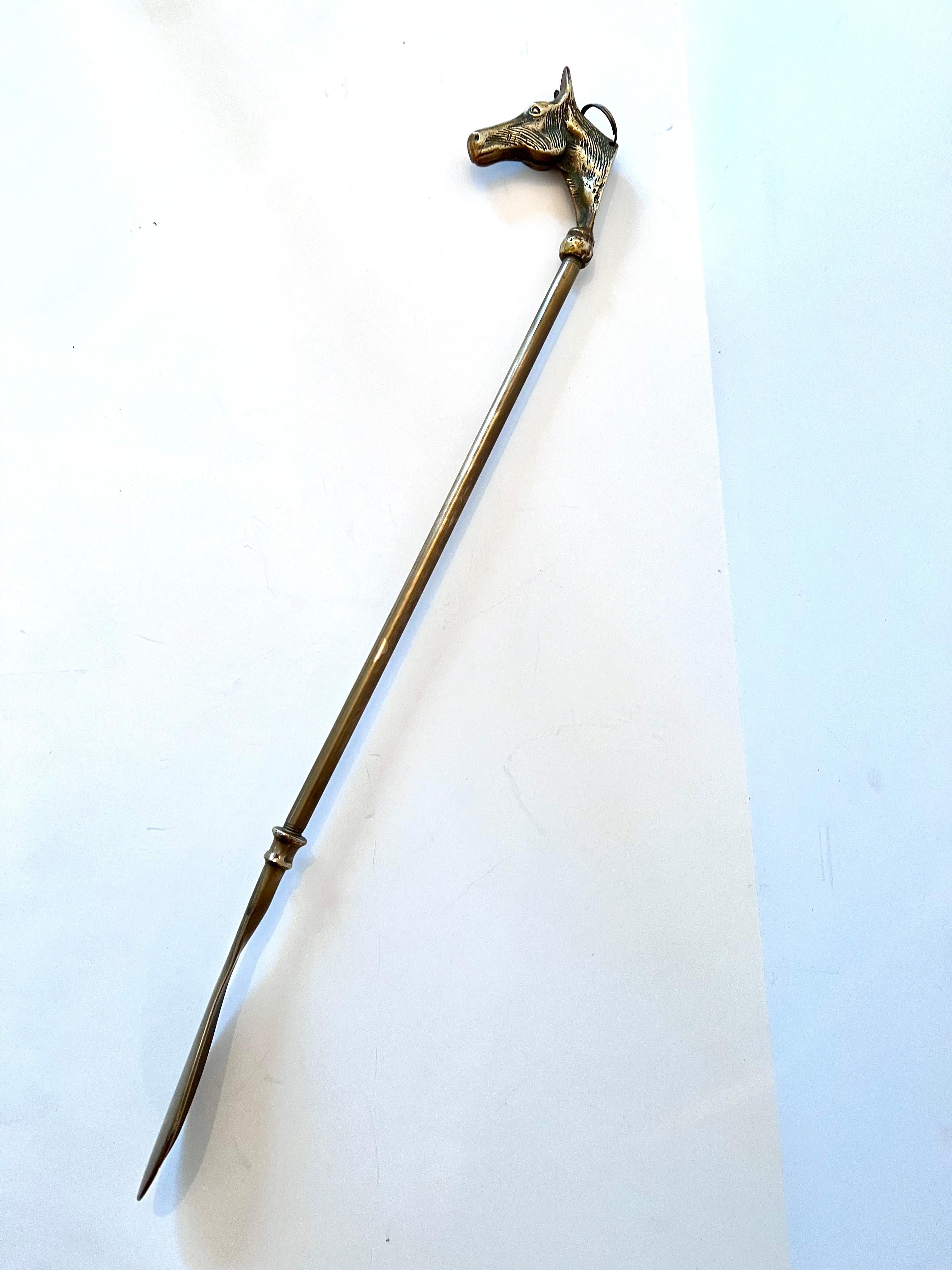 Patinated Solid Brass Shoe Horn with Horse For Sale