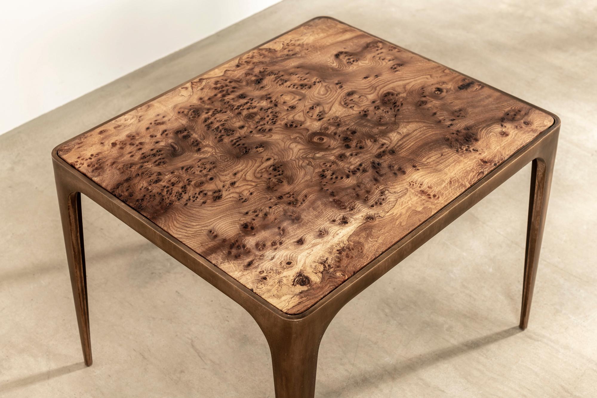 British Cast-Brass Side Table with Solid Burr Oak Top, Unique Piece For Sale