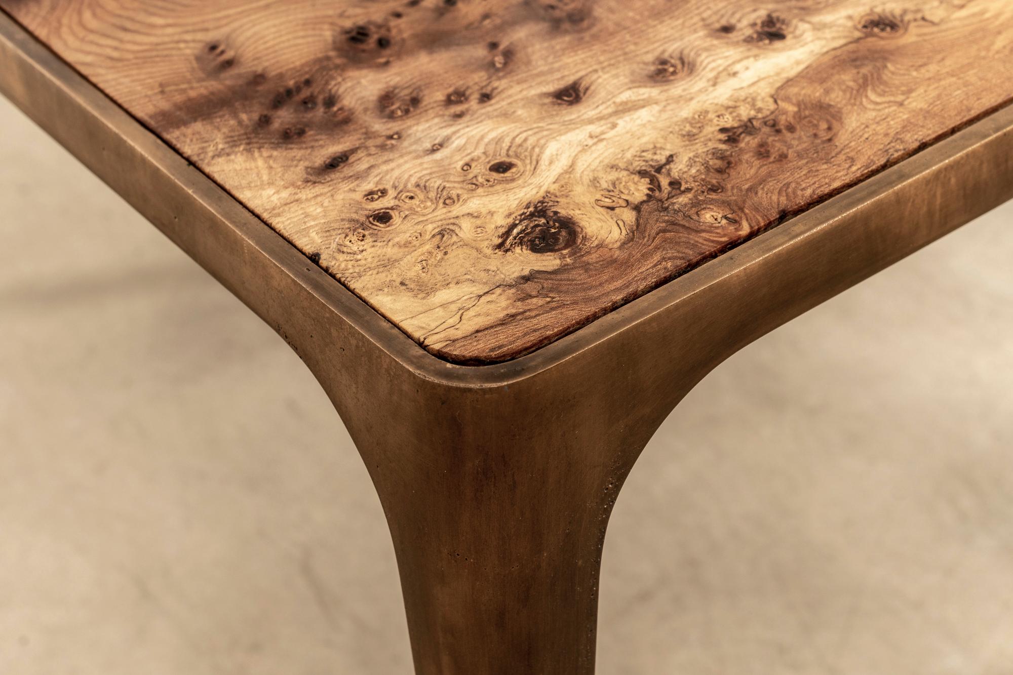 Contemporary Cast-Brass Side Table with Solid Burr Oak Top, Unique Piece For Sale