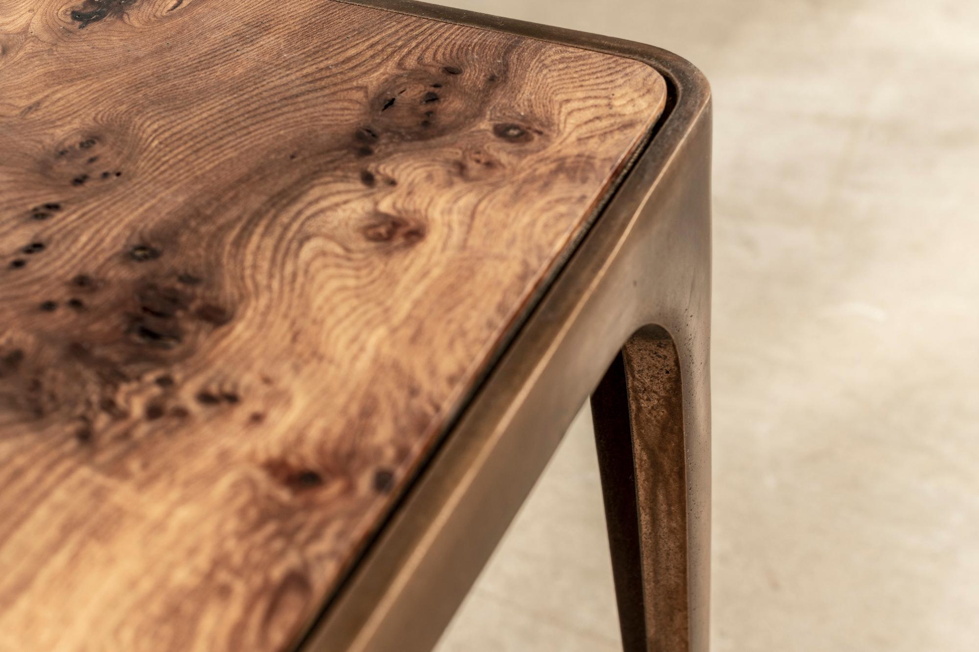 Contemporary Cast-Brass Side Table with Solid Burr Oak Top, Unique Piece For Sale