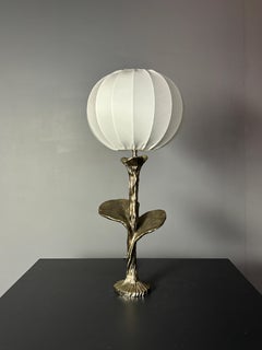 Solid brass silver custom made flower lamp with cocoon fabric shade, 1970s