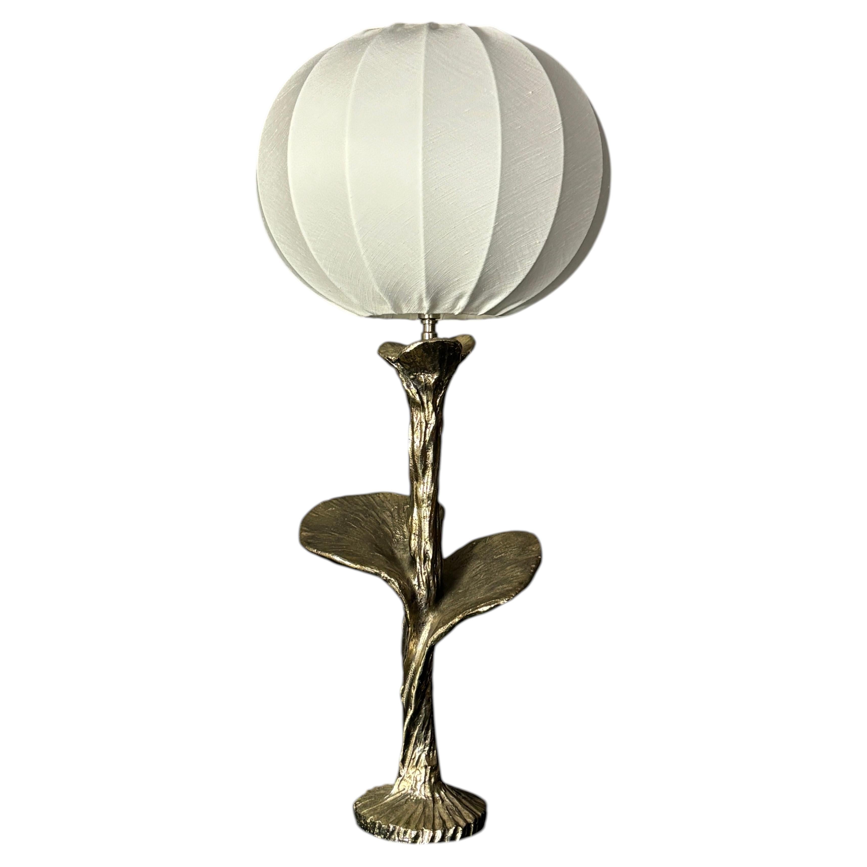 Solid brass silver custom made flower lamp with cocoon fabric shade, 1970s For Sale
